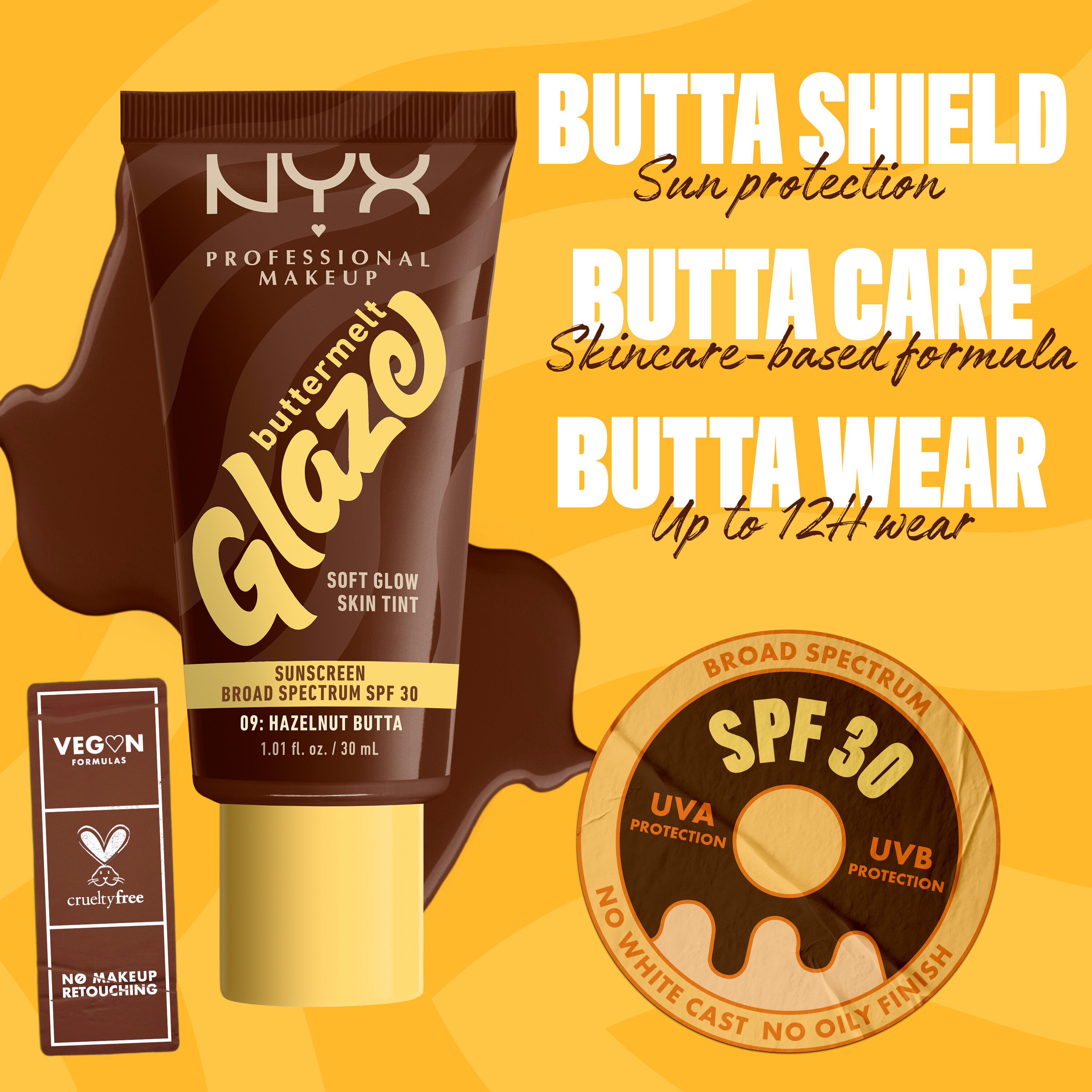  infographic of Buttermelt Glaze Skin Tint with text about sun protection, 12H wear, SPF 30, vegan and cruelty-free