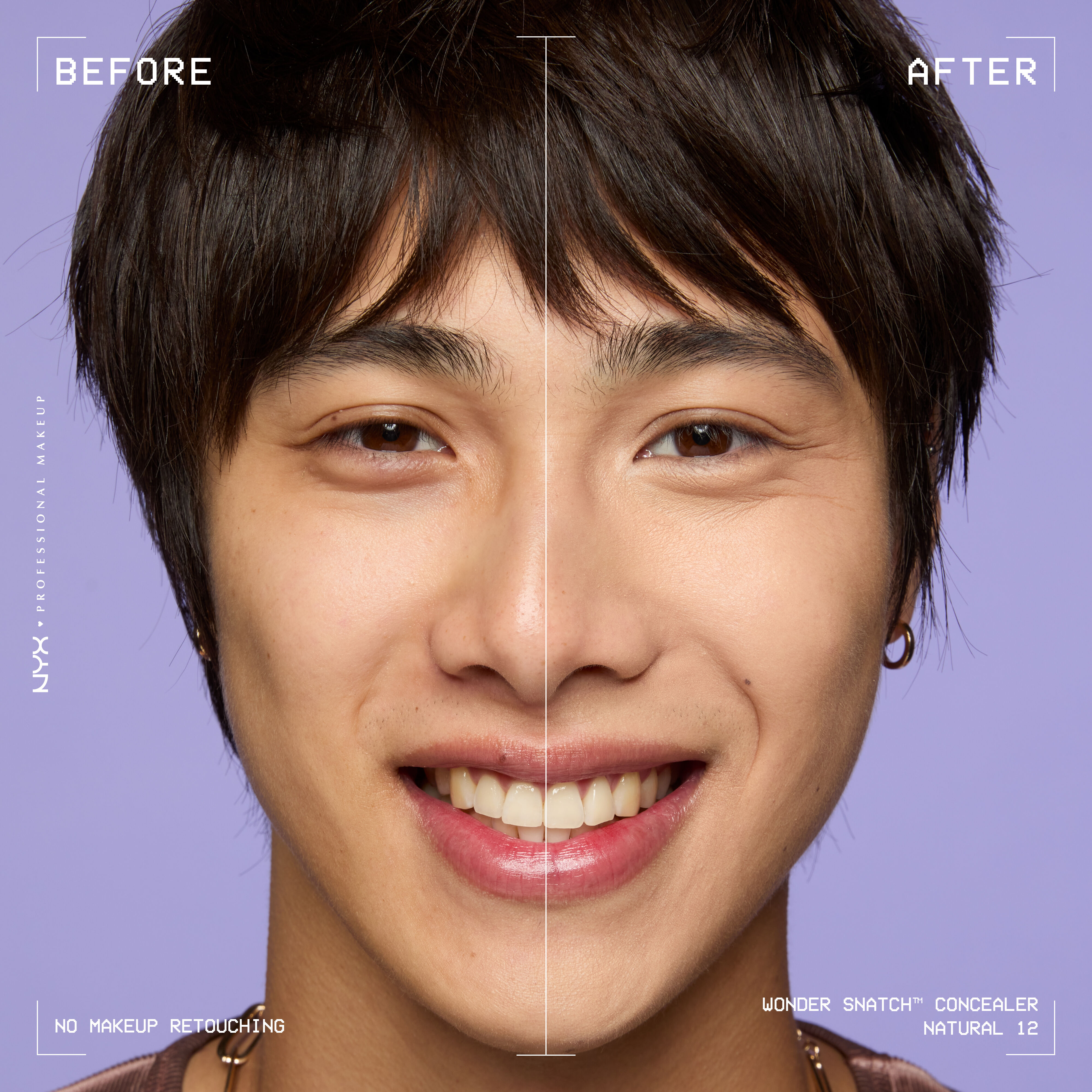 Before-and-after comparison of model wearing Wonder Snatch(TM) Concealer, showing brighter under-eyes and smoother-looking skin.