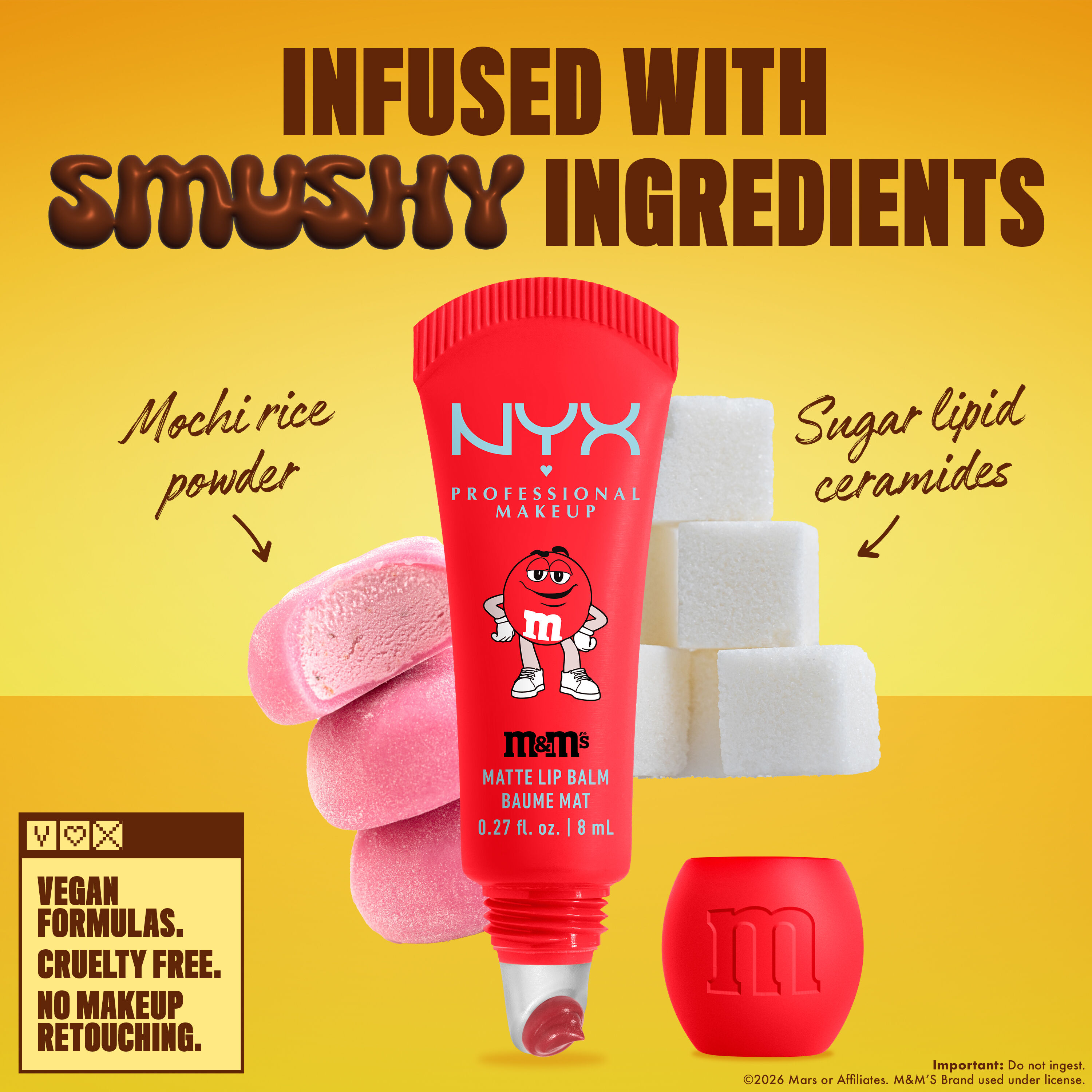 Red NYX Professional Makeup M&M'S matte lip balm tube on a yellow background with mochi rice powder and sugar lipid ceramides visuals, plus text noting vegan formula, cruelty free, and no makeup retouching.