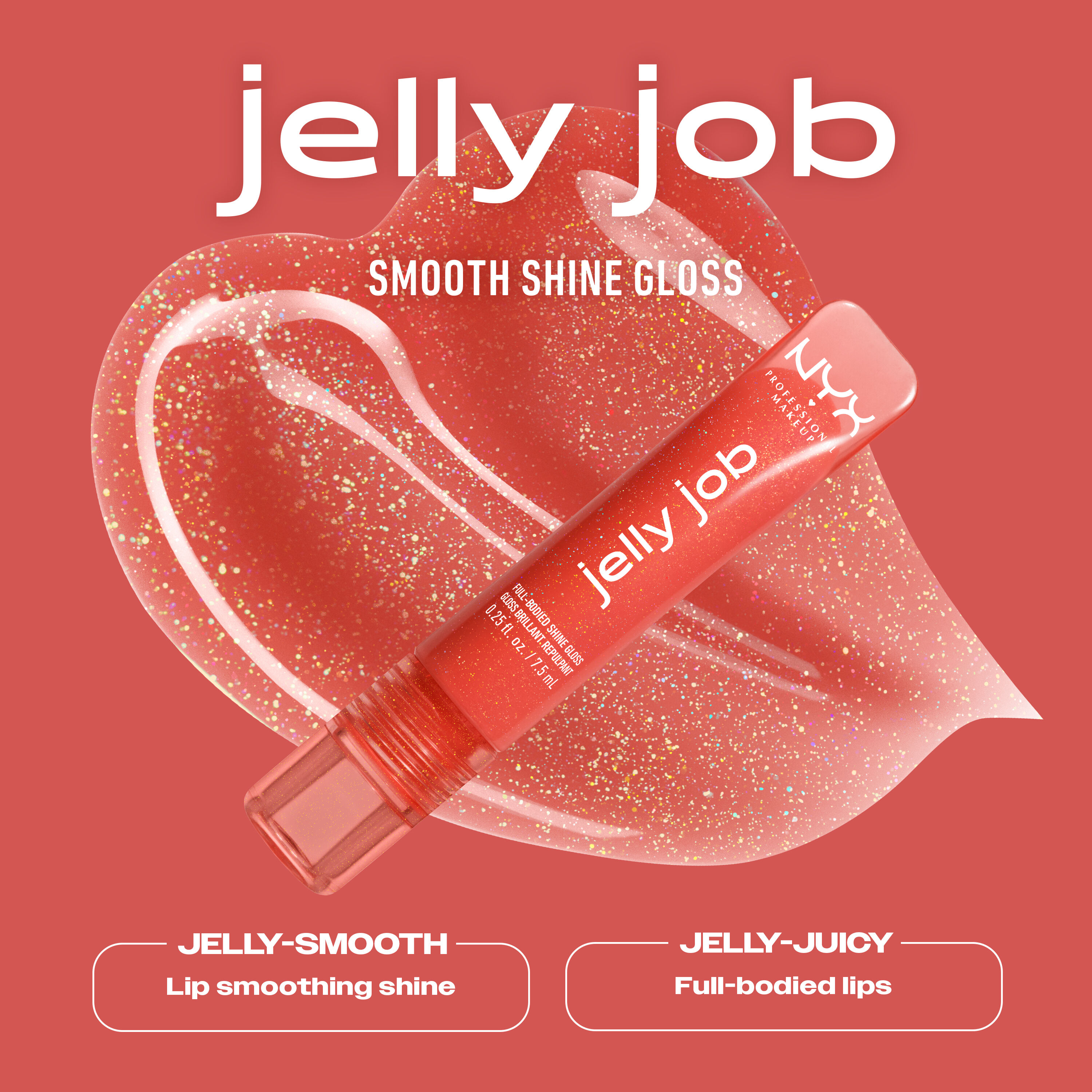 NYX Professional Makeup Jelly Job Full Bodied Shine Gloss in 12 Jelly Squeeze shown with smooth shine gloss and jelly-smooth, jelly-juicy lip benefits.