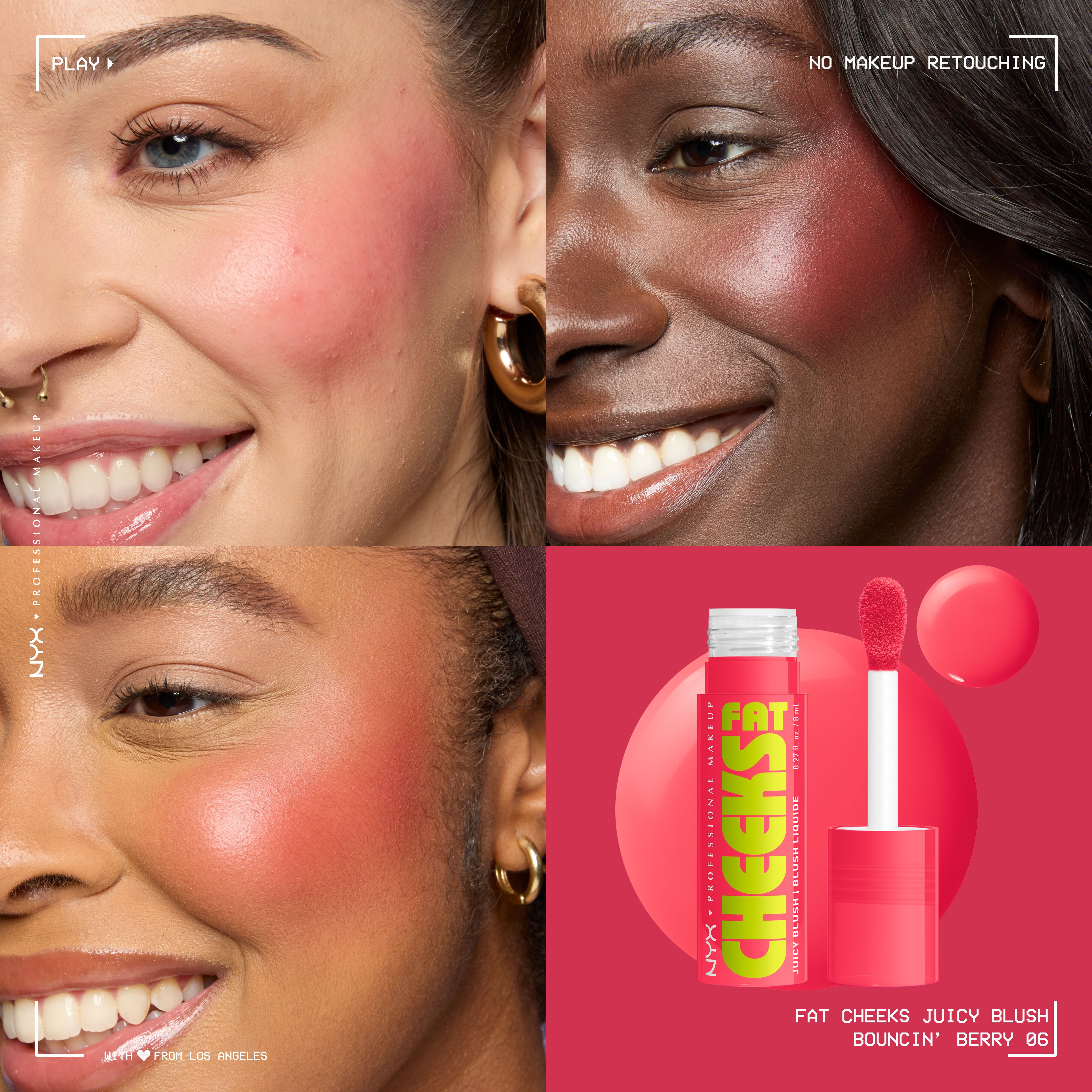Fat Cheeks Juicy Blush liquid blush in shade Bouncin' Berry on three different models along with packshot of blush