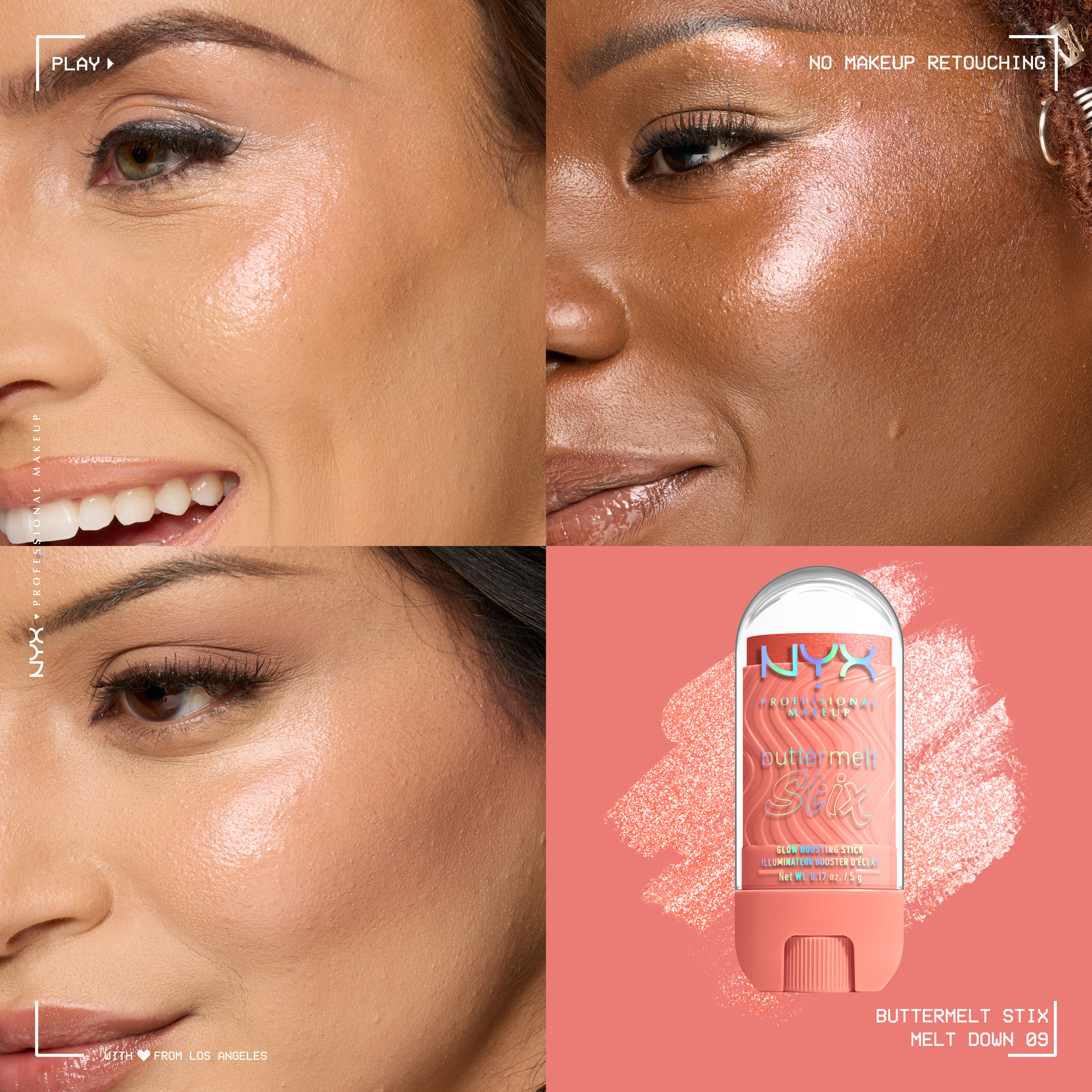 Three models with light, medium, and deep skin tones wearing NYX Buttermelt Stix Melt Down 09, “No Makeup Retouching” text