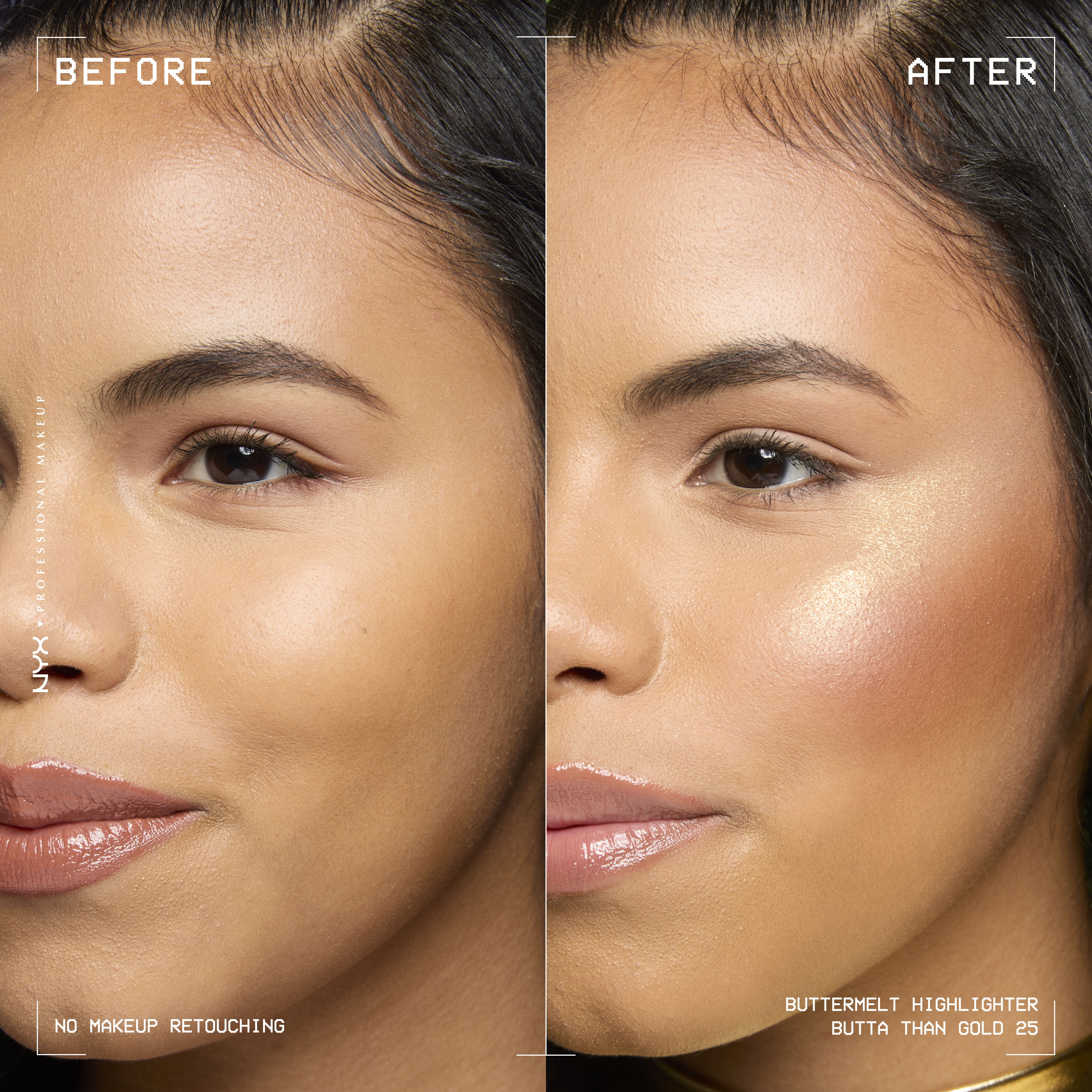 Buttermelt Highlighter in shade Butta Than Gold before and after on a model