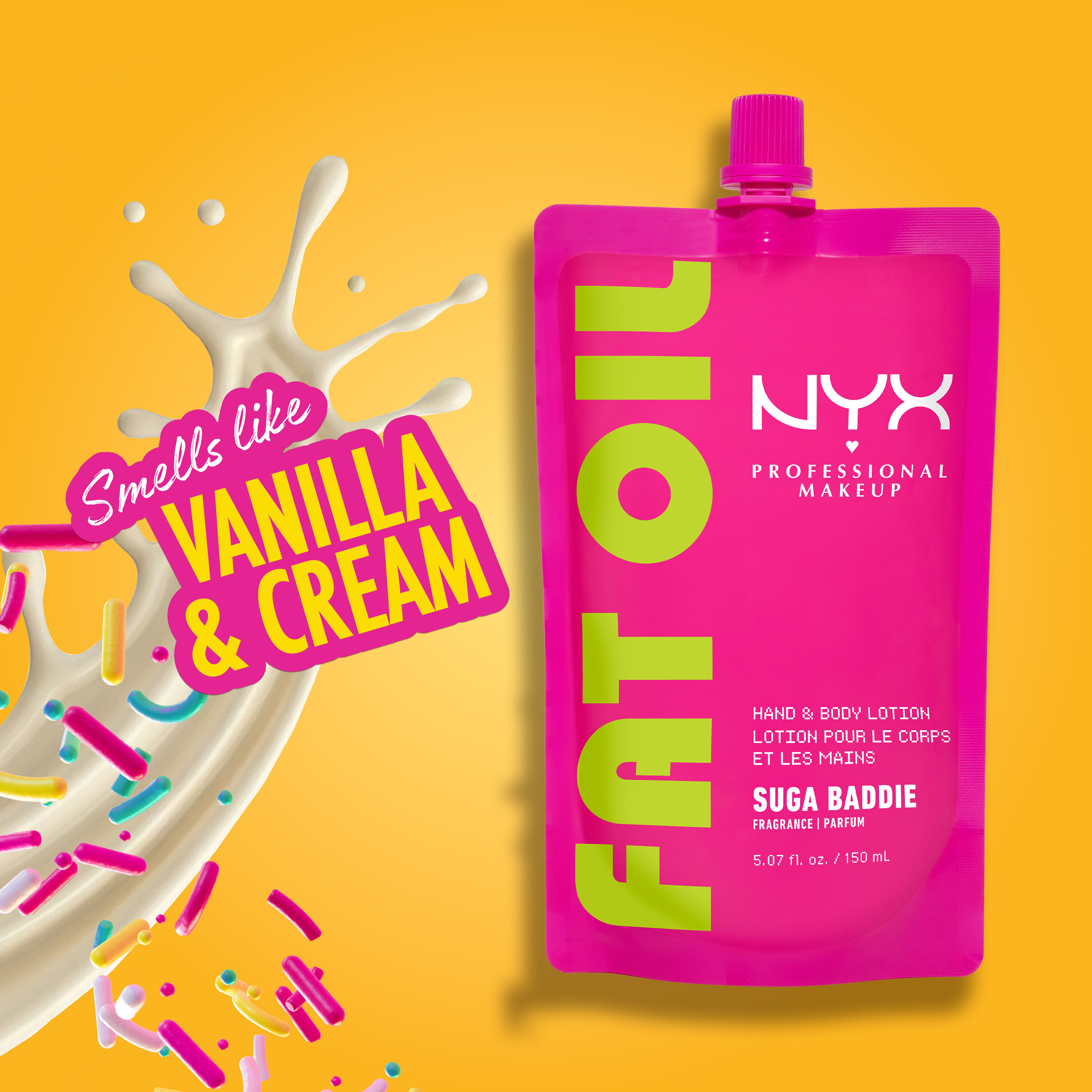 NYX Professional Makeup Fat Oil hand and body lotion in Suga Baddie with vanilla and cream scent, shown in bright pink packaging.