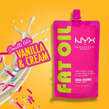 NYX Professional Makeup Fat Oil hand and body lotion in Suga Baddie with vanilla and cream scent, shown in bright pink packaging.