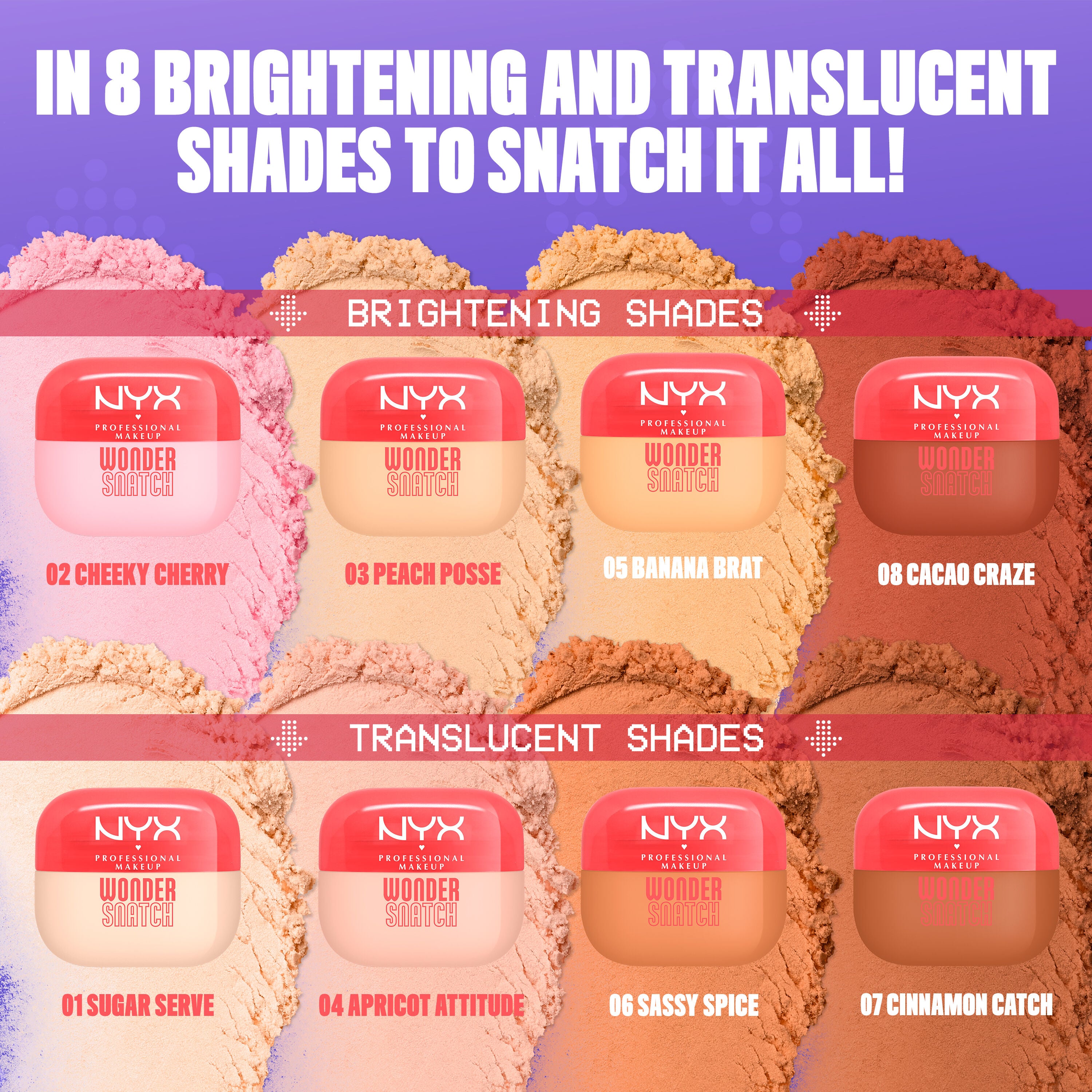 All 8 brightening and translucent shades of Wonder Snatch Setting Powder with powder pots and product swatches