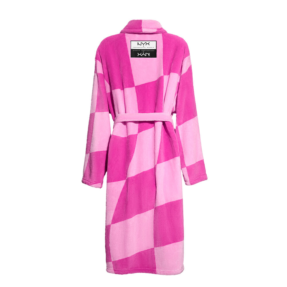 Back of Soft n' Smushy Pink Checkered Robe against a white background, showing embroidered brand logo under the collar