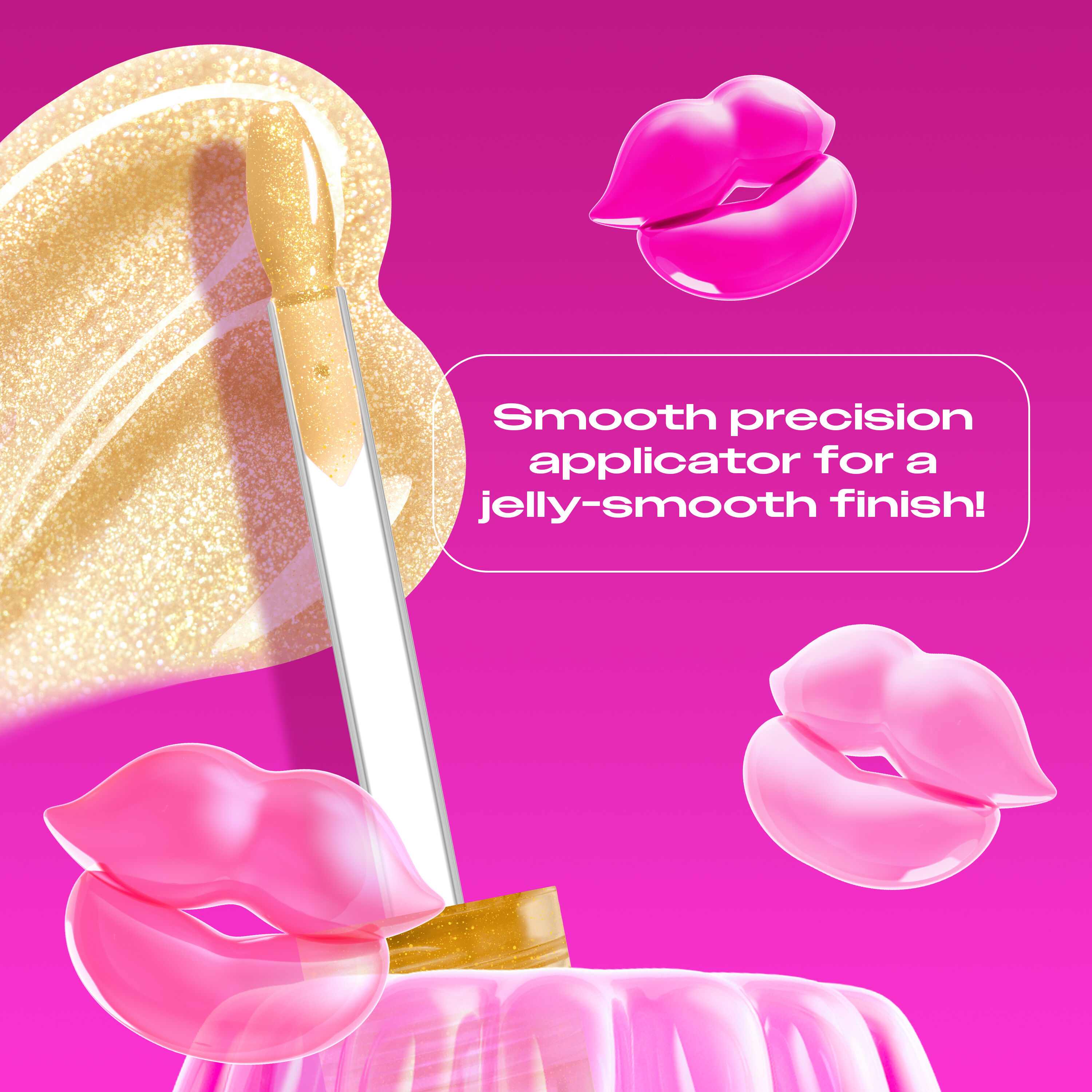 Jelly Job Lip Gloss applicator & swatch in shade 'Glow Job', with text on precision applicator for smooth lip finish  