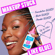 woman holding The Face Glue Gripping Primer with text “Makeup Stuck Like Glue!”