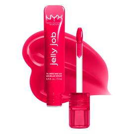 Open Jelly Job Jelly Lip Gloss in shade 'Cherry Jelly', a red jelly gloss with shade swatch in the background