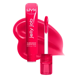 Open Jelly Job Jelly Lip Gloss in shade 'Cherry Jelly', a red jelly gloss with shade swatch in the background