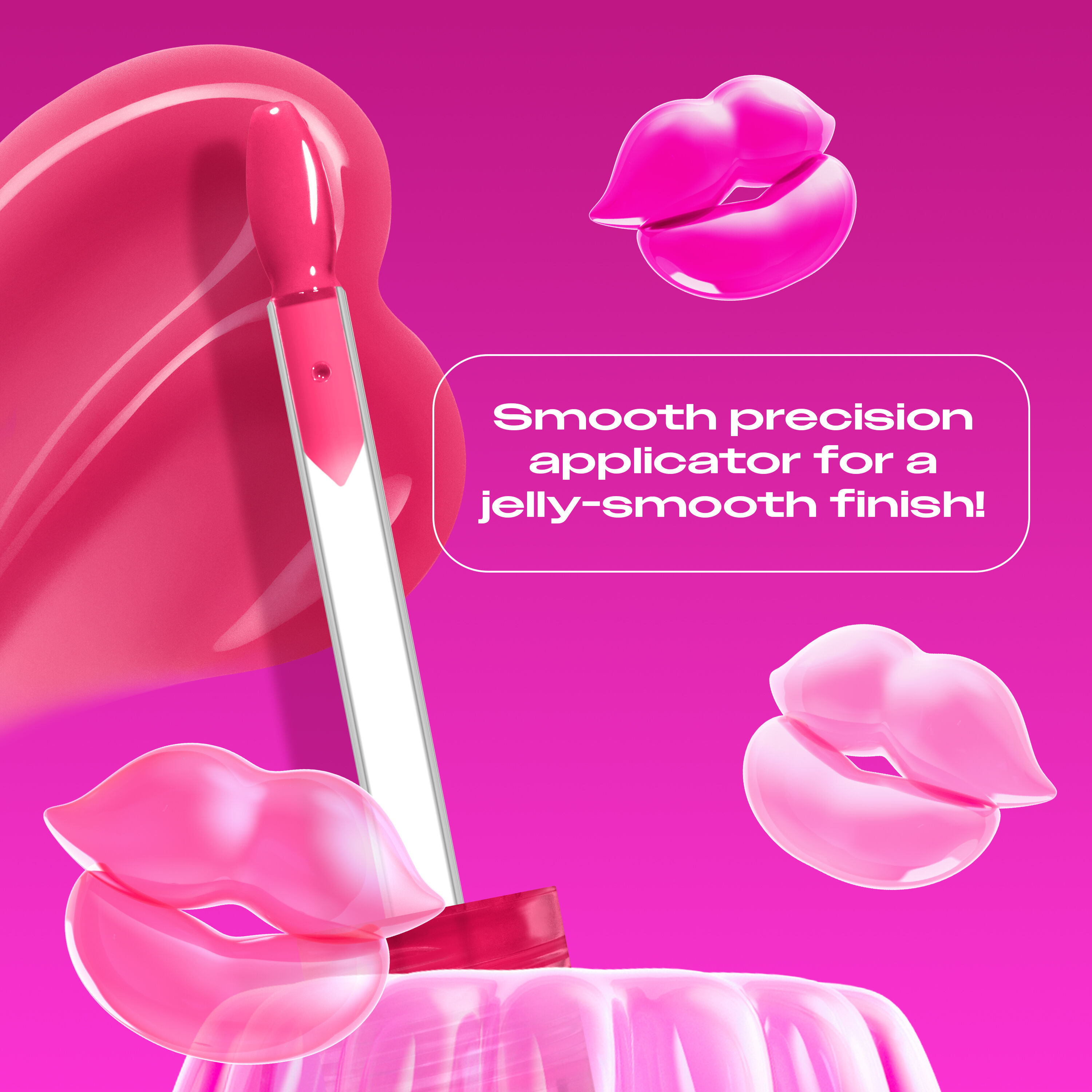 Jelly Job Lip Gloss applicator & swatch in shade 'Juicy Jelly', with text on precision applicator for smooth lip finish  