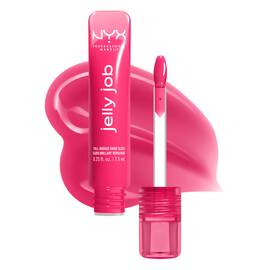 Open Jelly Job Jelly Lip Gloss in shade 'Juicy Jelly', a bright pink jelly gloss with shade swatch in the background