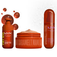 Three NYX Professional Makeup Caramelt Mami products lined up against a light background with caramel brown shimmer bubbles: Fat Oil body oil, body butter in an open brown jar, and hair & body fragrance mist.