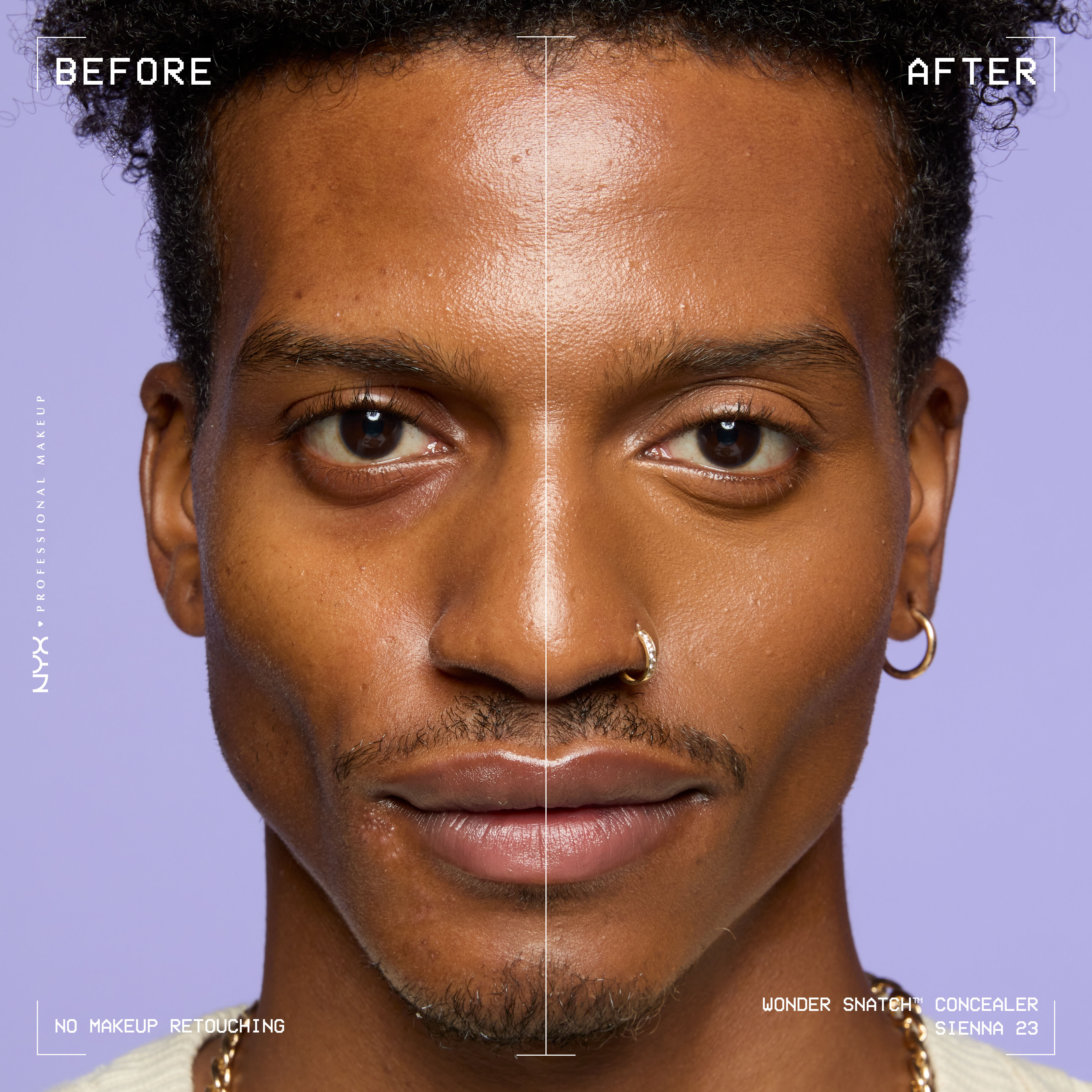 Before-and-after comparison of model wearing Wonder Snatch(TM) Concealer, showing brighter under-eyes and smoother-looking skin.