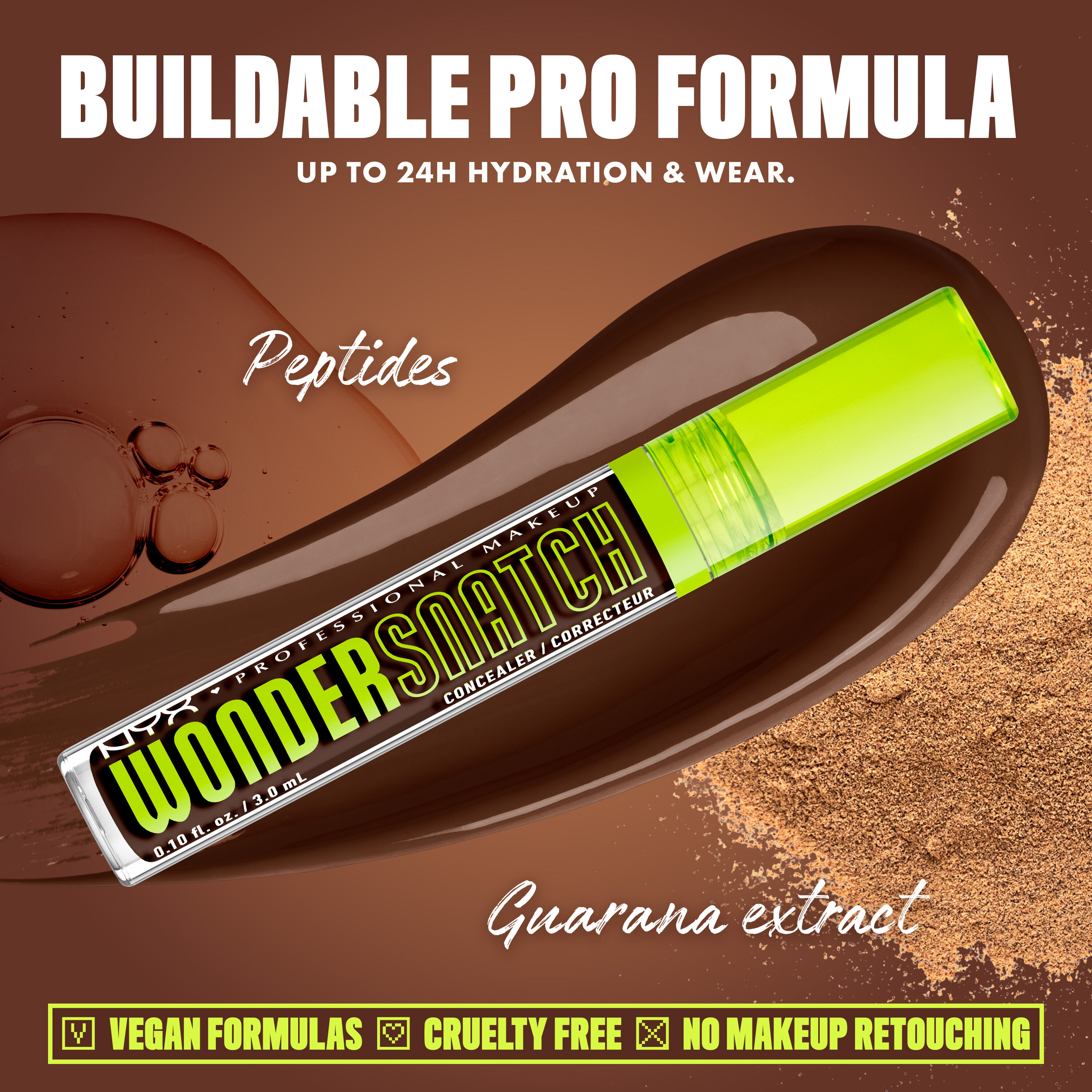 Wonder Snatch(TM) Concealer image with text: "Buildable Pro Formula. Up to 24H Hydration & Wear. Peptides. Guarana extract. Vegan Formulas. Cruelty Free. No Makeup Retouching."