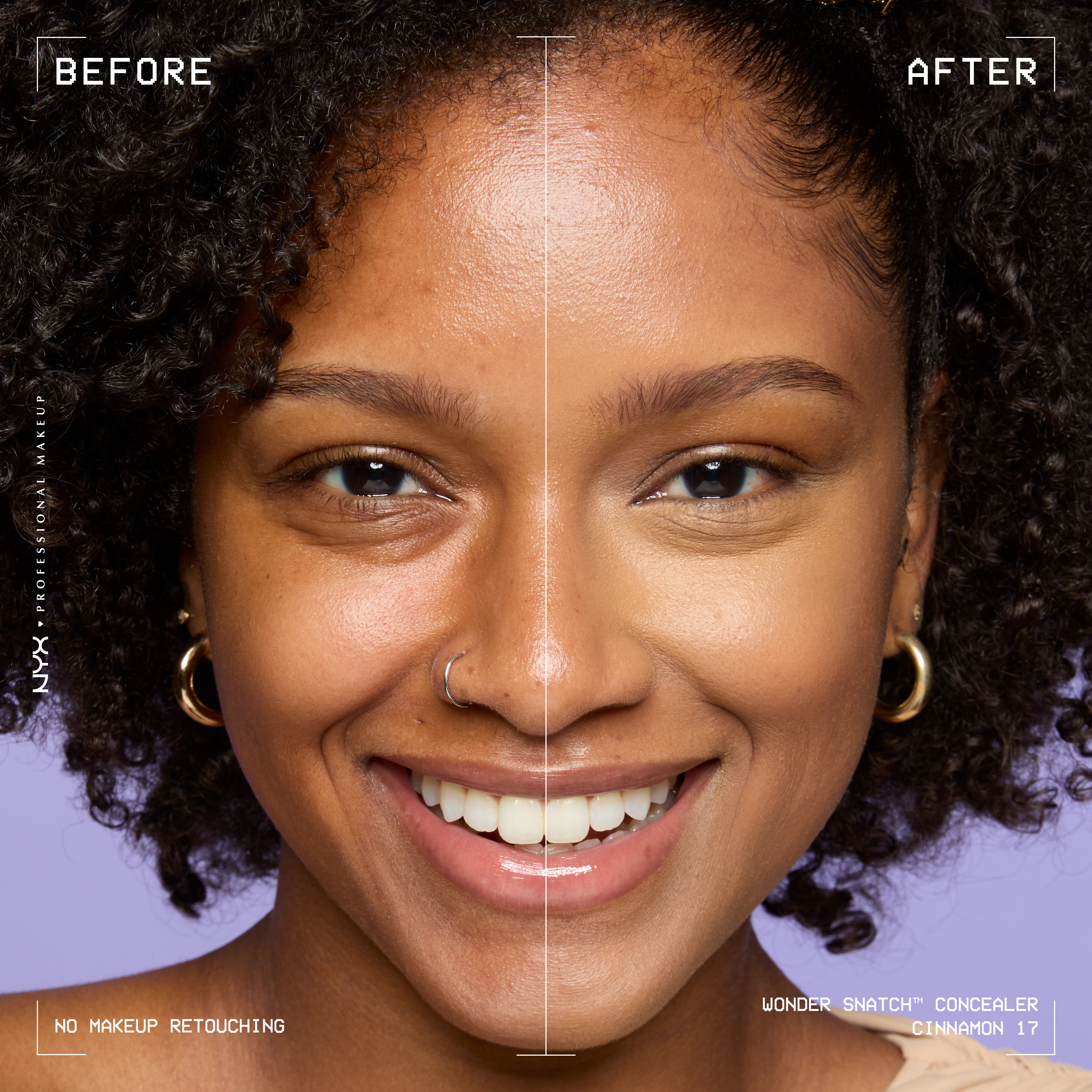 Before-and-after comparison of model wearing Wonder Snatch(TM) Concealer, showing brighter under-eyes and smoother-looking skin.