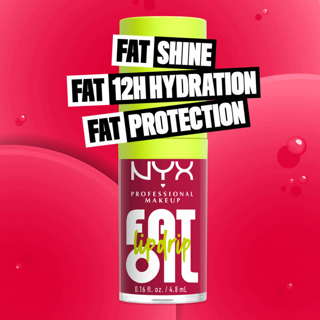 Fat Oil Lip Drip Lip Oil in shade Newsfeed bottle. Fat Shine. Fat 12H Hydration. Fat Protection.