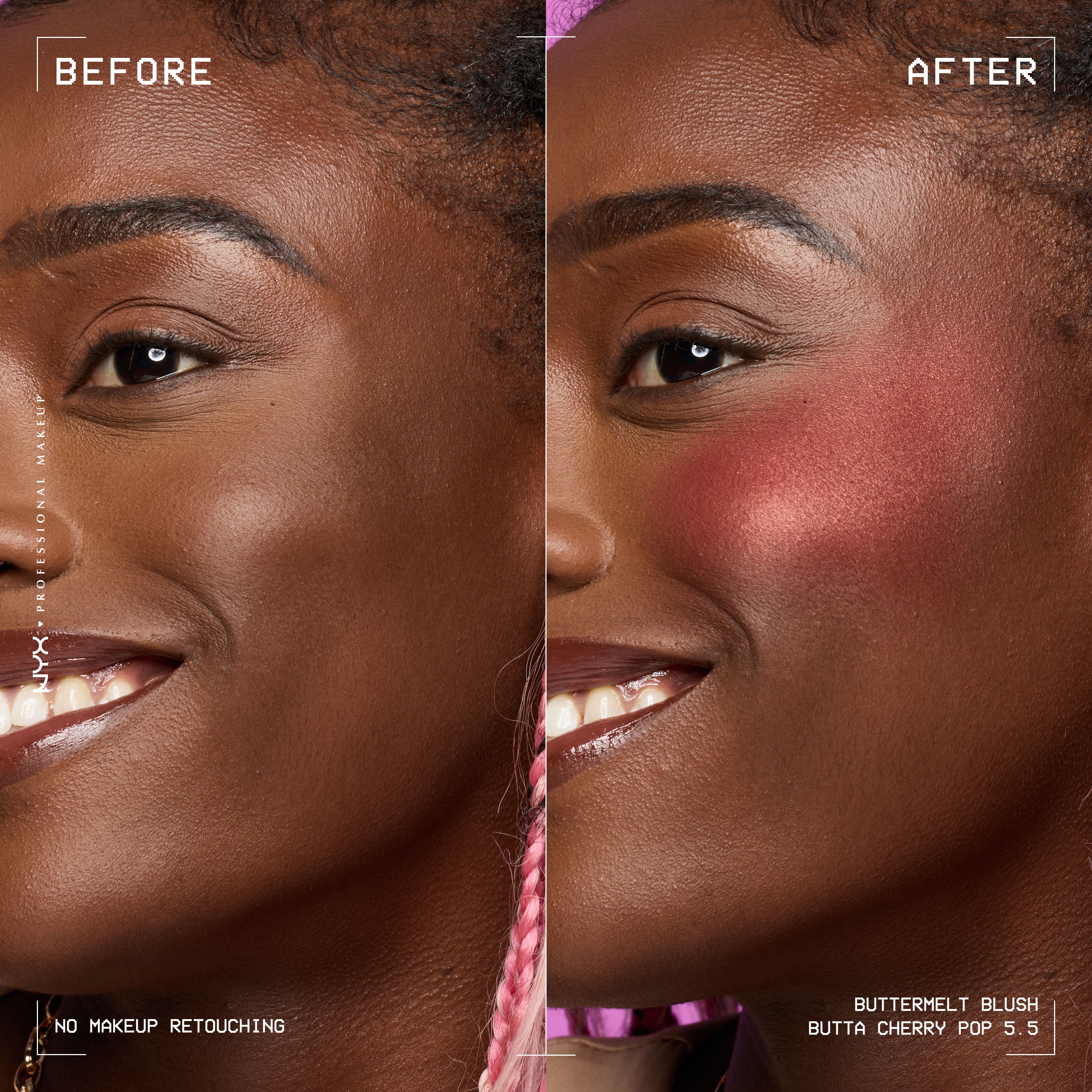 Before-and-after close-up of a deep-skinned model: bare cheek on the left, the right side flushed with NYX Professional Makeup Buttermelt Blush in 5.5 Butta Cherry Pop, a bright red powder blush with a satin finish. 