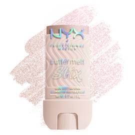 NYX Buttermelt Stix Glow Boosting Stick in shade Big Melt Energy, champagne shimmer swatch behind