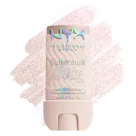 NYX Buttermelt Stix Glow Boosting Stick in shade Big Melt Energy, champagne shimmer swatch behind