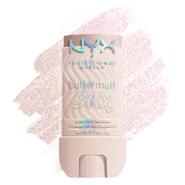 NYX Buttermelt Stix Glow Boosting Stick in shade Big Melt Energy, champagne shimmer swatch behind