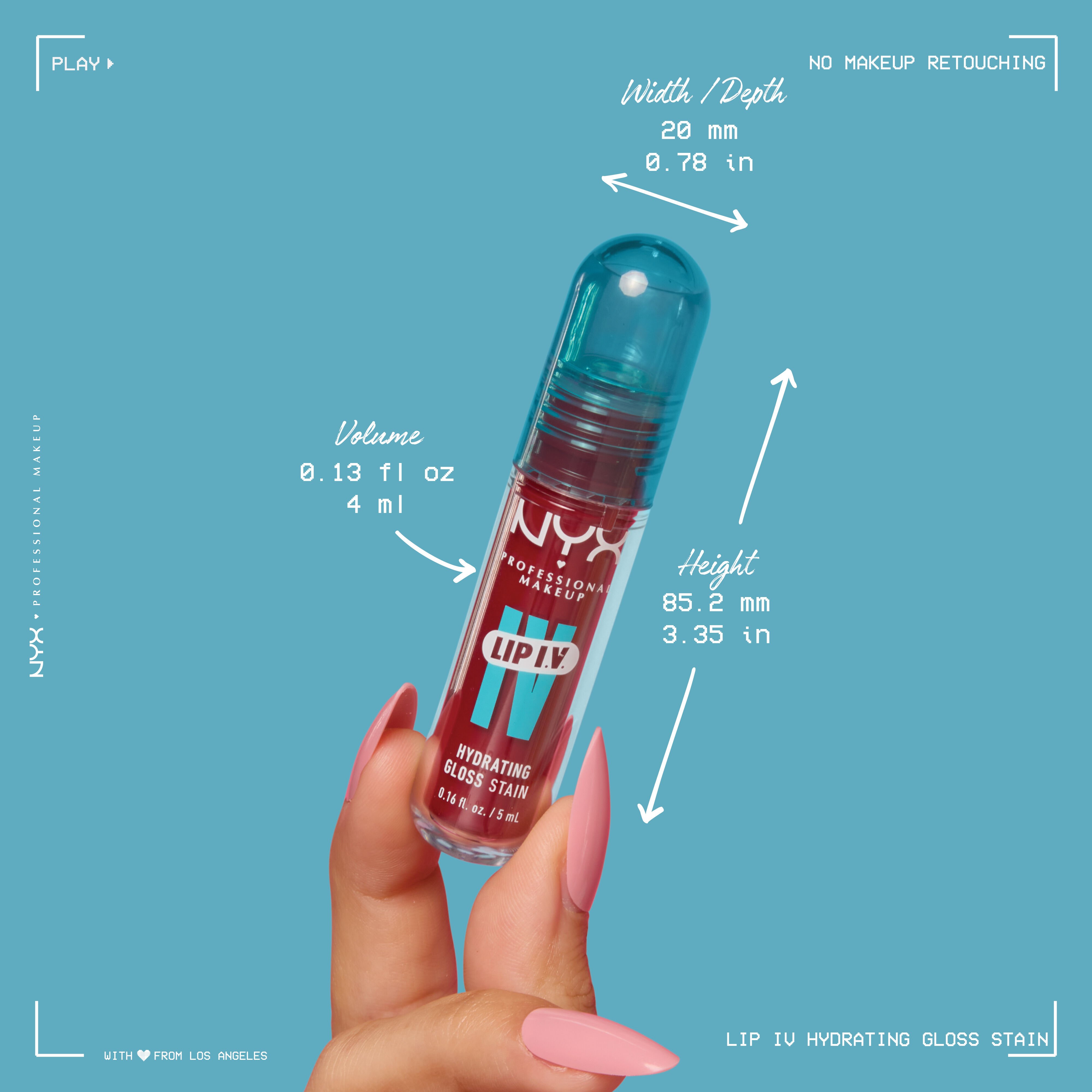fingers holding Lip I.V. Hydrating Lip Stain showing the dimensions of the product of 0.13 fl oz and 3.35 inches in height