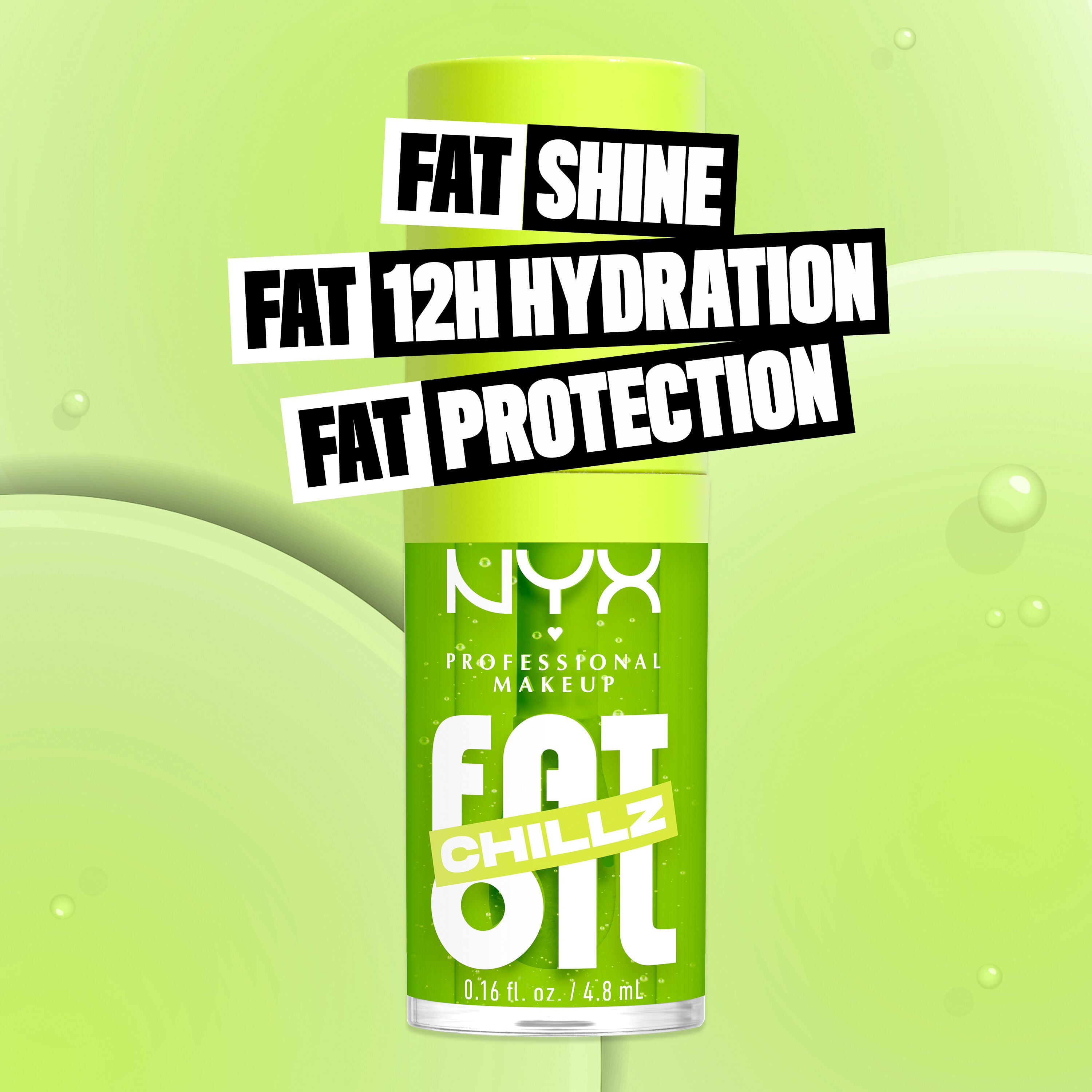 Fat Oil Chillz Lip Drip Lip Oil in shade Kiwi Freezie bottle. Fat Shine. Fat 12H Hydration. Fat Protection.