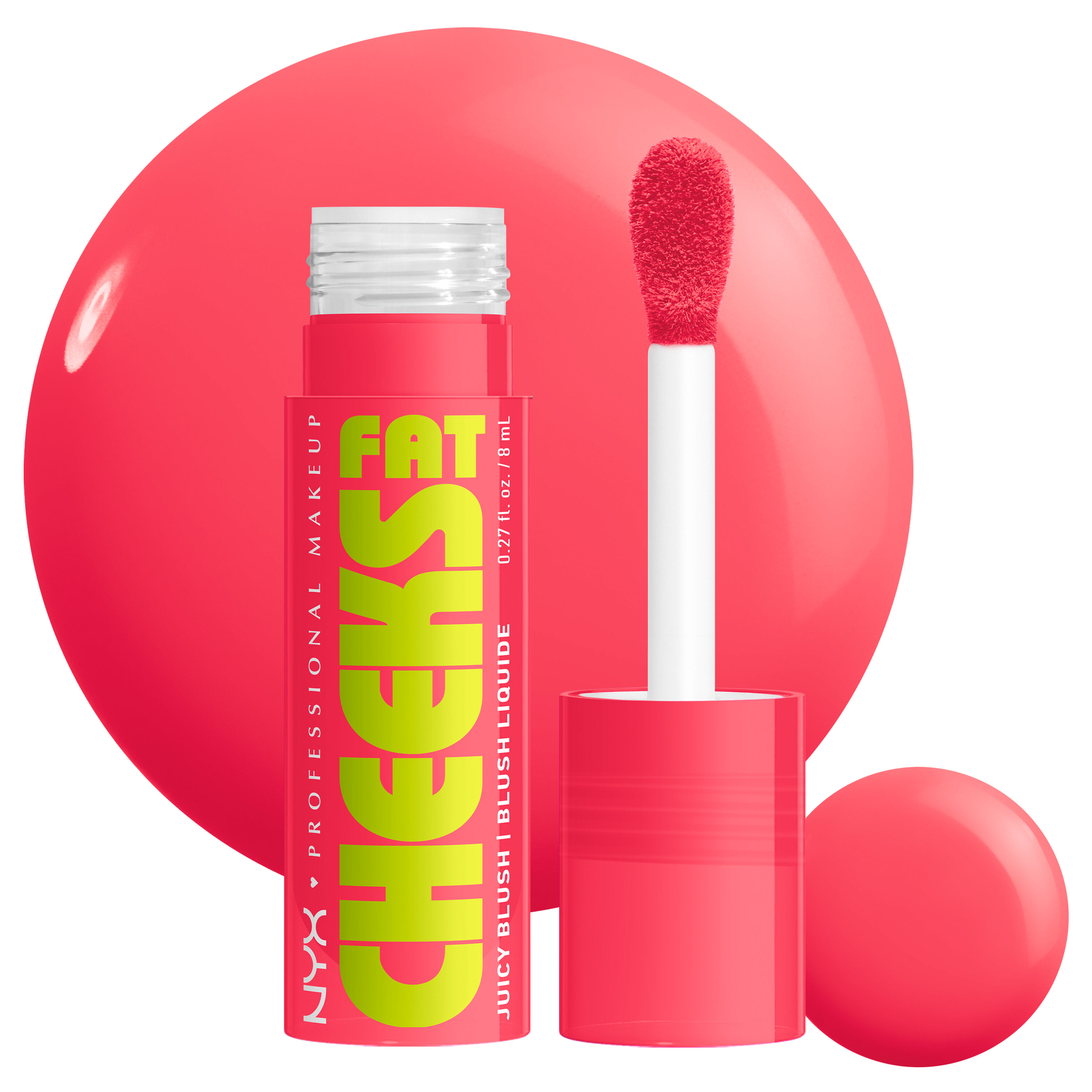 Fat Cheeks Liquid Blush in shade Bouncin' Berry, a deep rich pink shade, on white background with product swatch