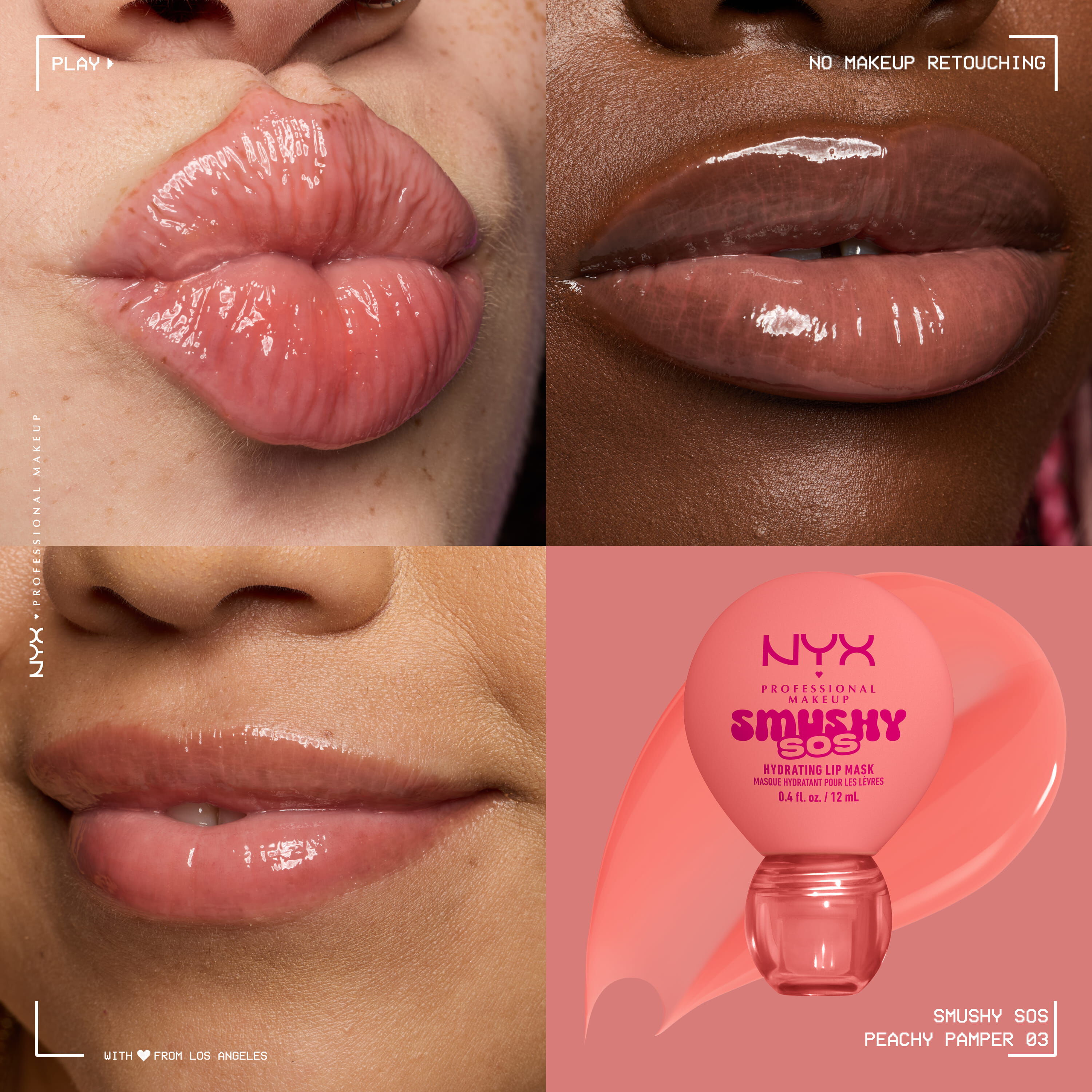 NYX Professional Makeup Smushy SOS tinted lip balm in Peachy Pamper, a peach shade, on three skin tones
