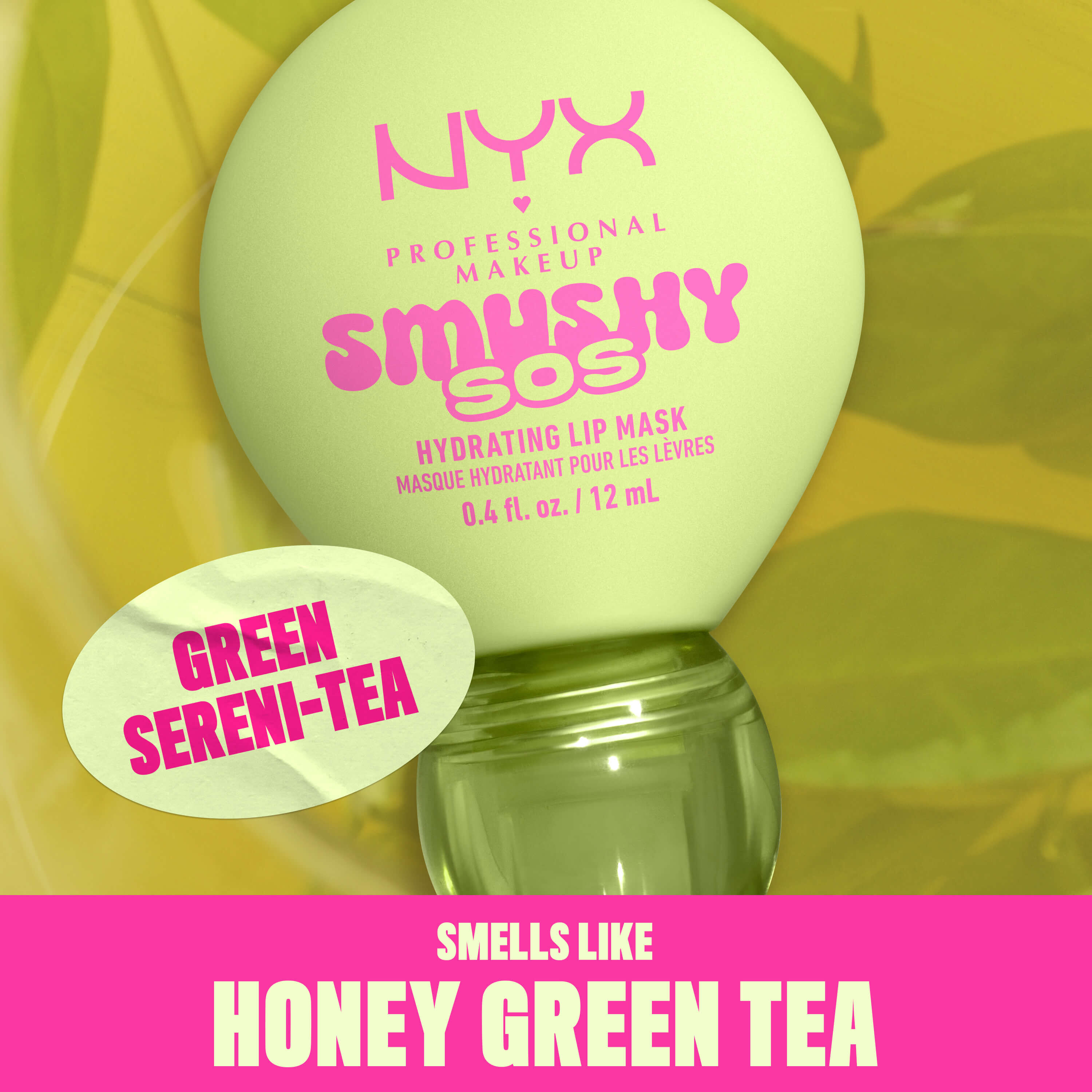 NYX Professional Makeup Smushy SOS lip mask in Green Sereni-Tea with green tea leaves, scented like honey green tea