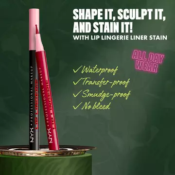 NYX Professional Makeup Lip Lingerie Lip Liner Stain in shade 13 Tied Up, shown with text describing waterproof, transfer-proof, smudge-proof, no-bleed, all-day wear benefits.
