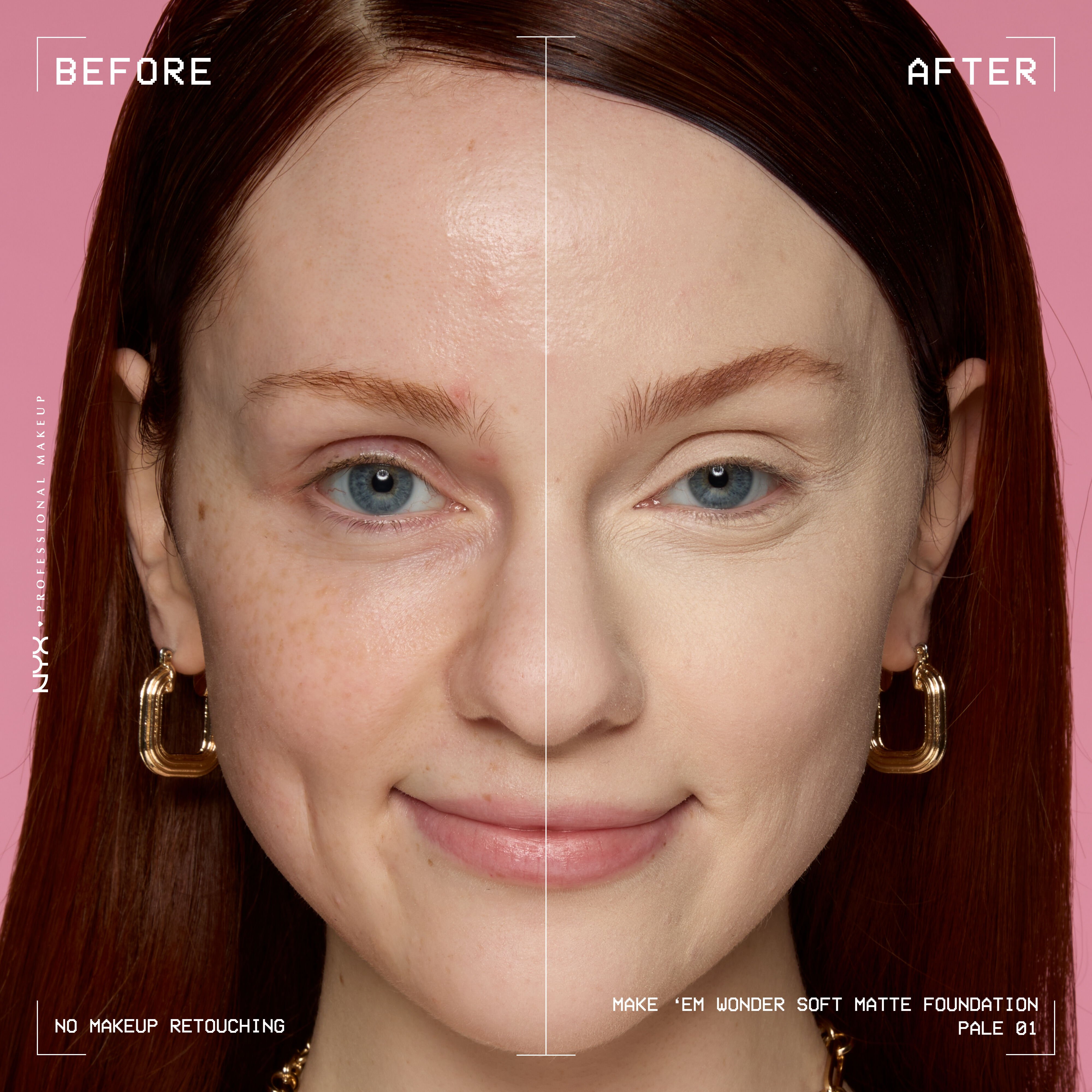 Before-and-after model wearing NYX Make ’Em Wonder Foundation shade 01 Pale, text overlay “Before / After.”