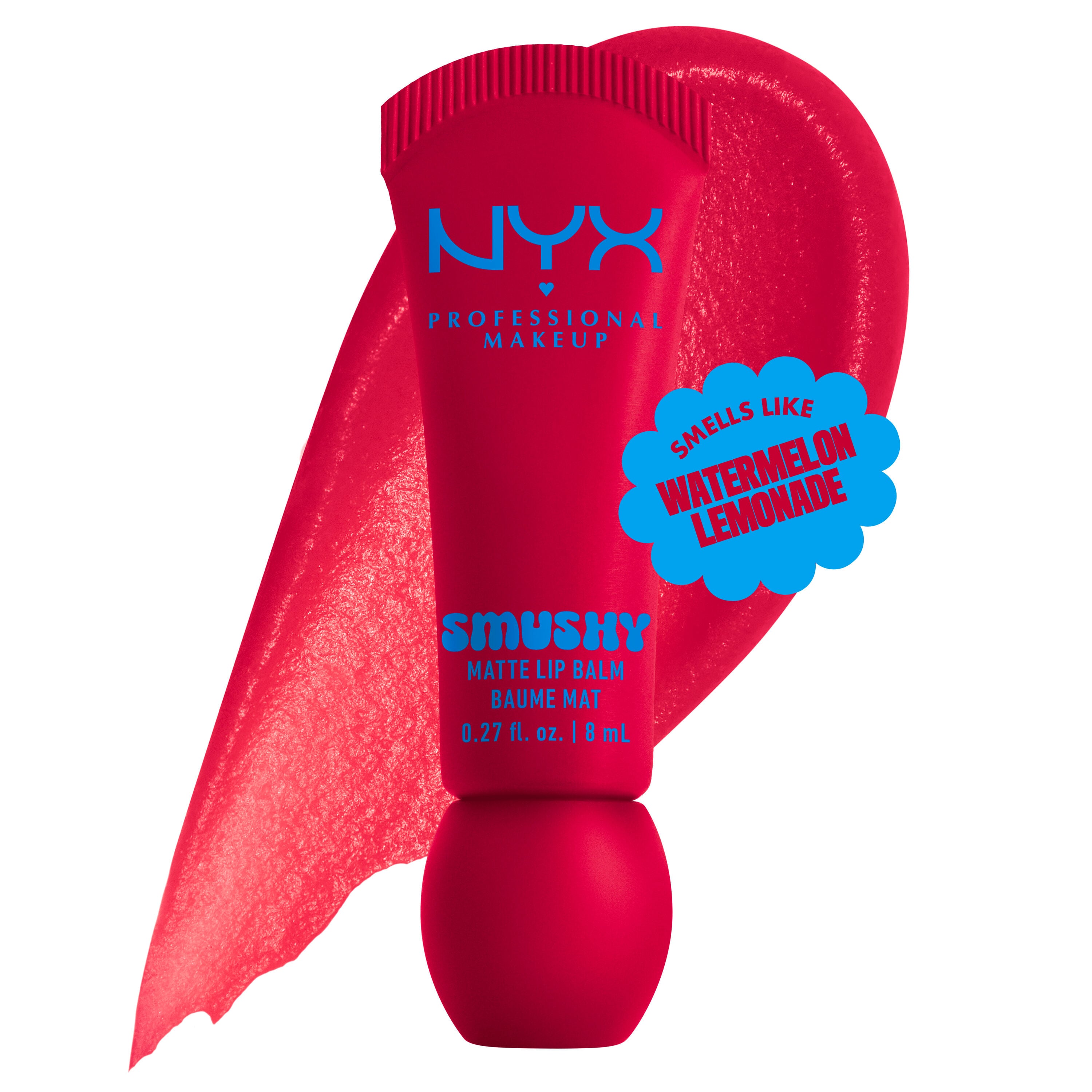 Smushy Matte Lip Balm in candy apple red shade, Sassy Stuff, on white background with lip balm color swatch