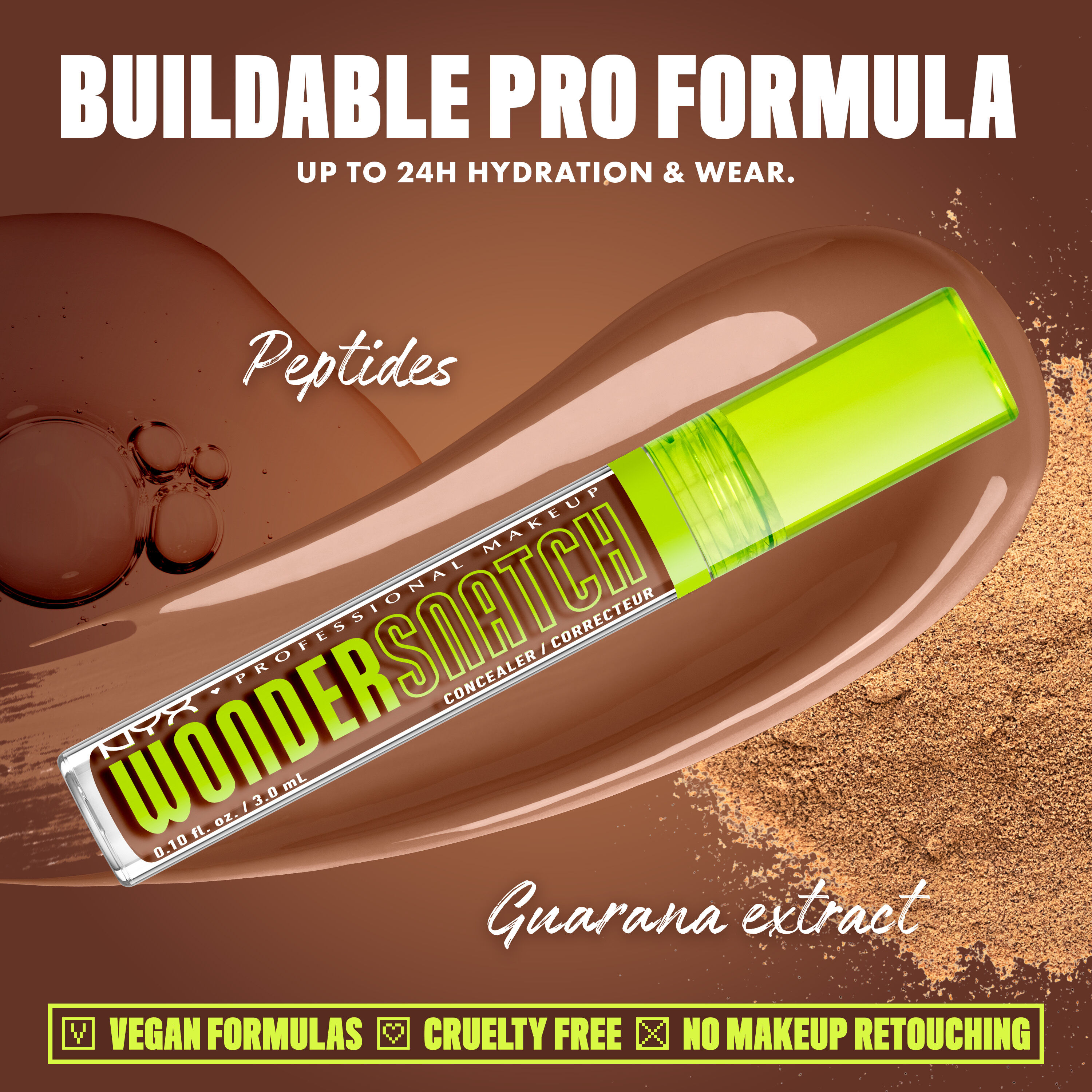 Wonder Snatch(TM) Concealer image with text: "Buildable Pro Formula. Up to 24H Hydration & Wear. Peptides. Guarana extract. Vegan Formulas. Cruelty Free. No Makeup Retouching."