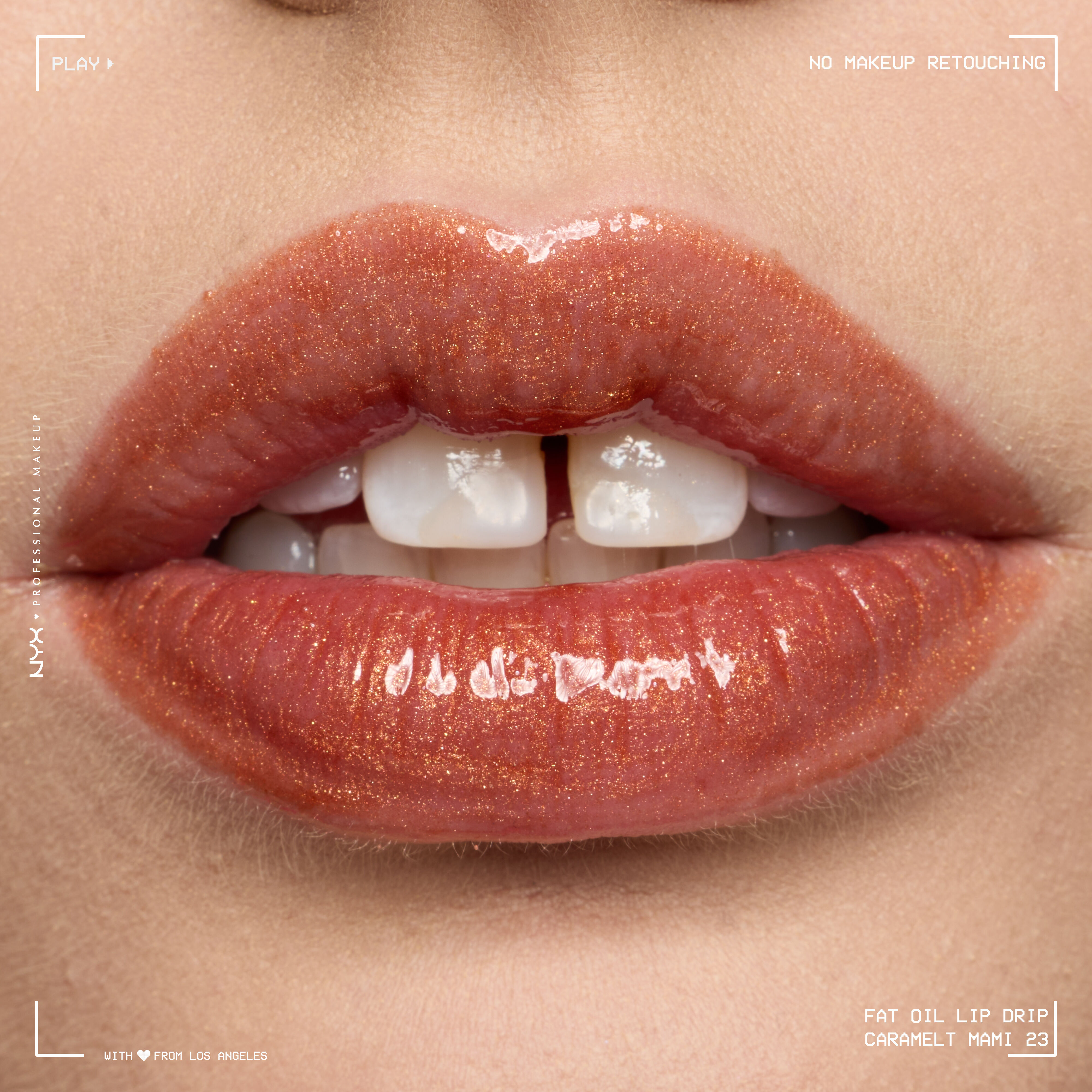 NYX Professional Makeup Fat Oil Lip Drip in Caramelt Mami on lips, showing glossy bronze shimmer finish with high shine and smooth hydrated look on fair skin tone.