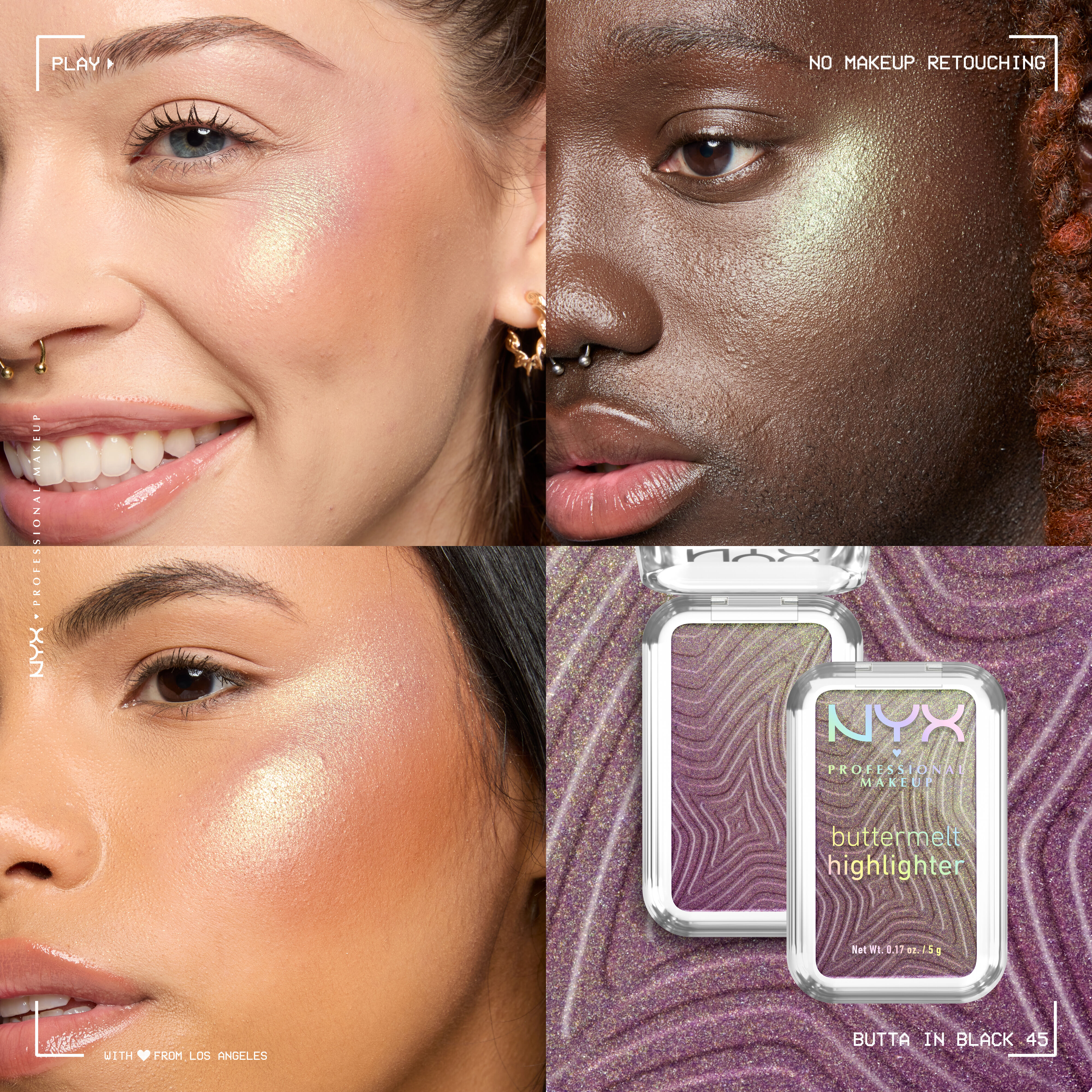 A collage with 3 models with different skintones wearing Buttermelt Highlighter in shade Butta In Black and a packshot