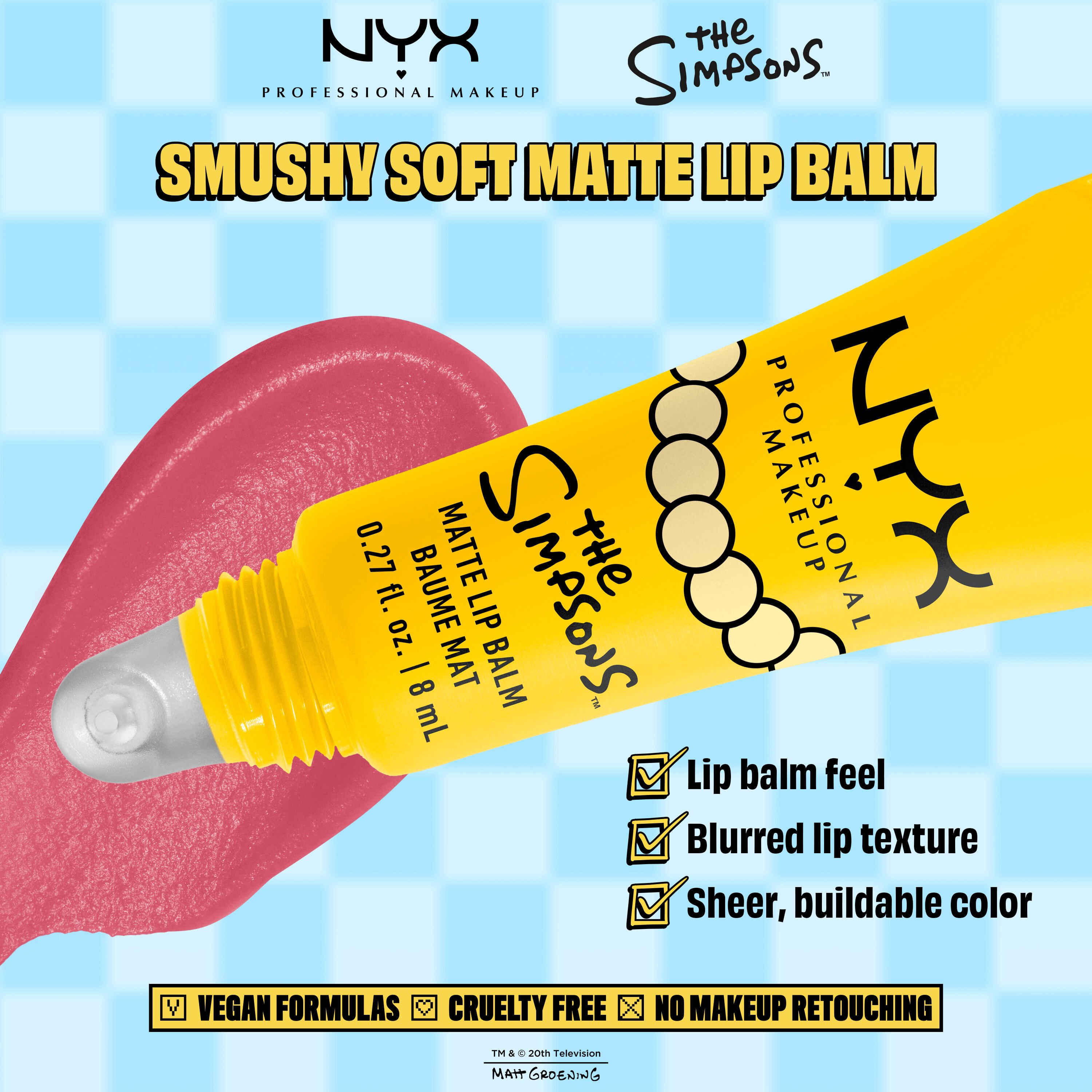 NYX Professional Makeup The Simpsons Smushy Matte Lip Balm packshot with product benefits text and pink swatch on a blue background in shade 01 Smarty Pink