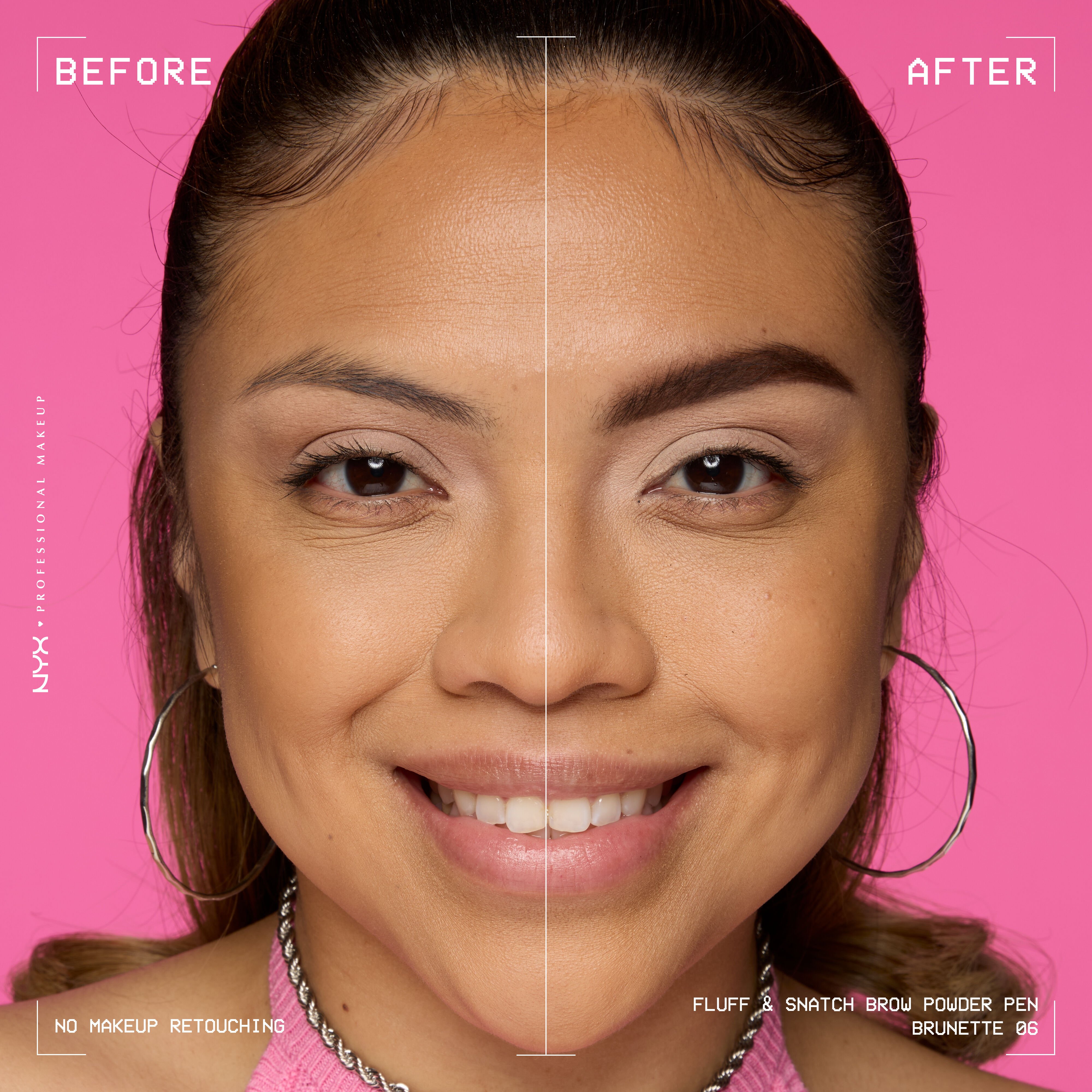 Model shown before and after using NYX Fluff and Snatch Brow Powder Pen against a pink background in shade 06 Brunette