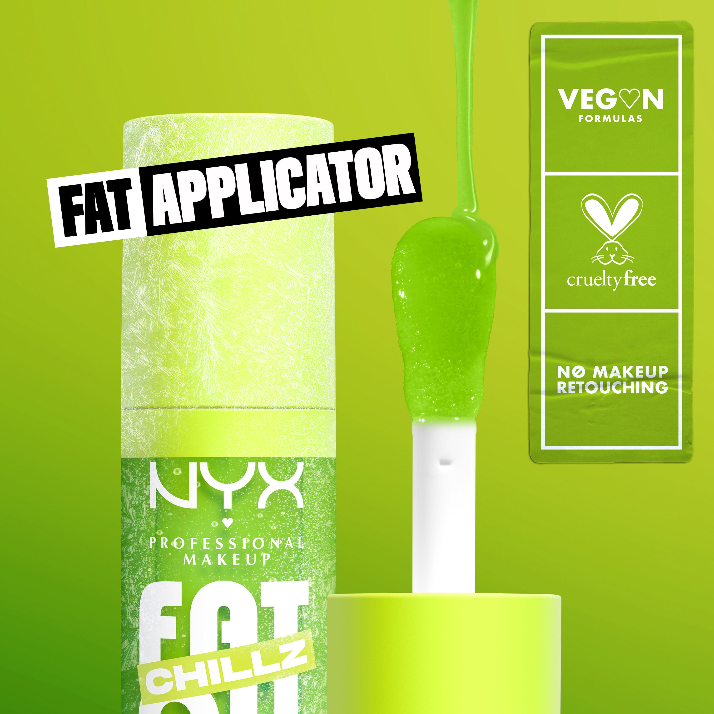 Fat Oil Chillz in shade Kiwi Freezie close up to applicator and bottle. Fat Applicator. Vegan. Cruelty Free. No Makeup Retouching. 