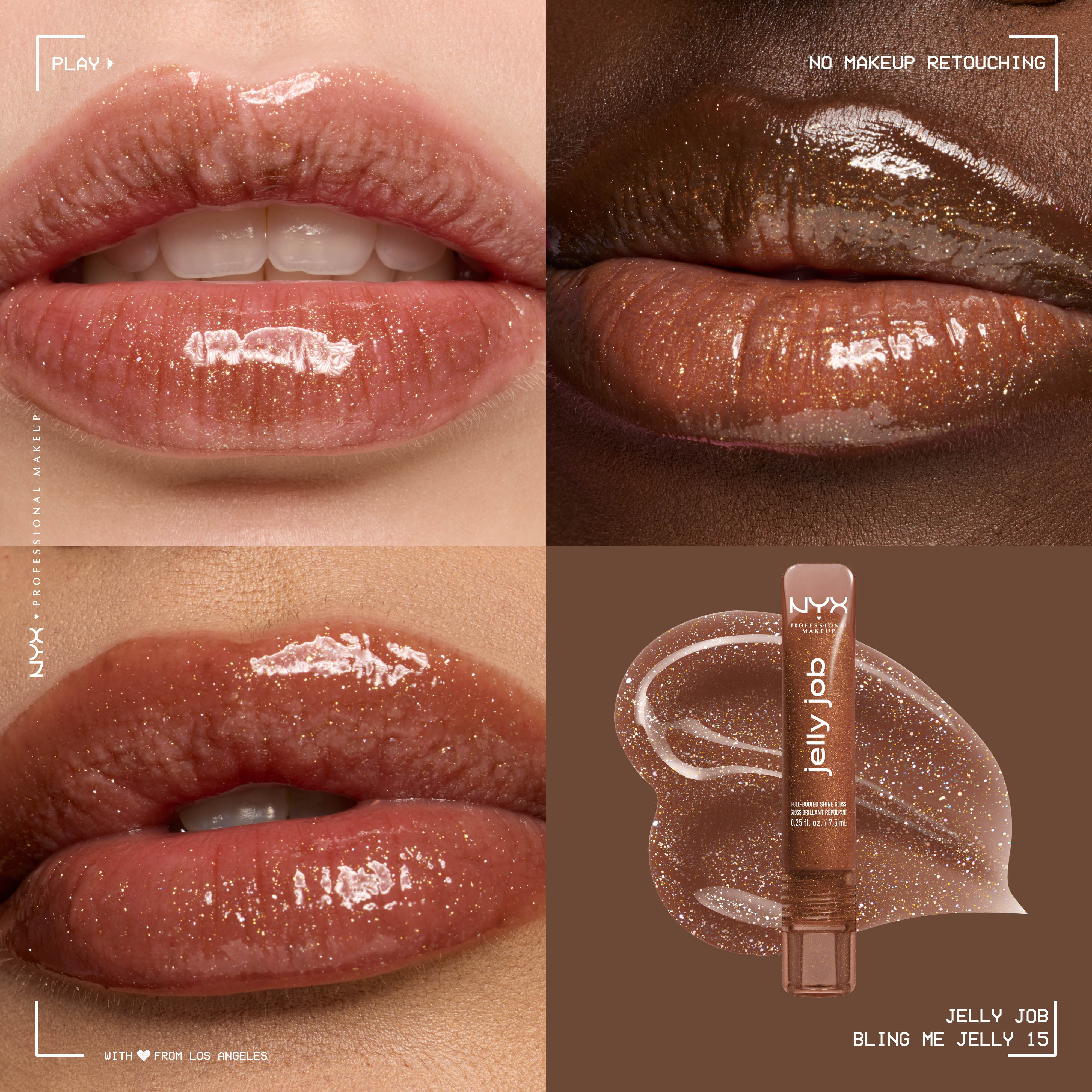 3 models with varying skin tones wearing Jelly Job Jelly Lip Gloss in shade 'Bling Me Jelly', a bronze shimmer color