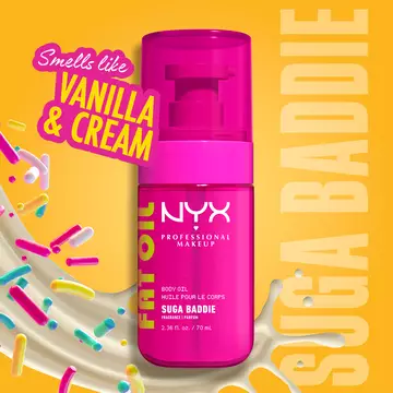 Suga Baddie Fat Oil Body Oil product shot on yellow/orange background with whipped cream and sprinkles. Callout: Smells like vanilla & cream.