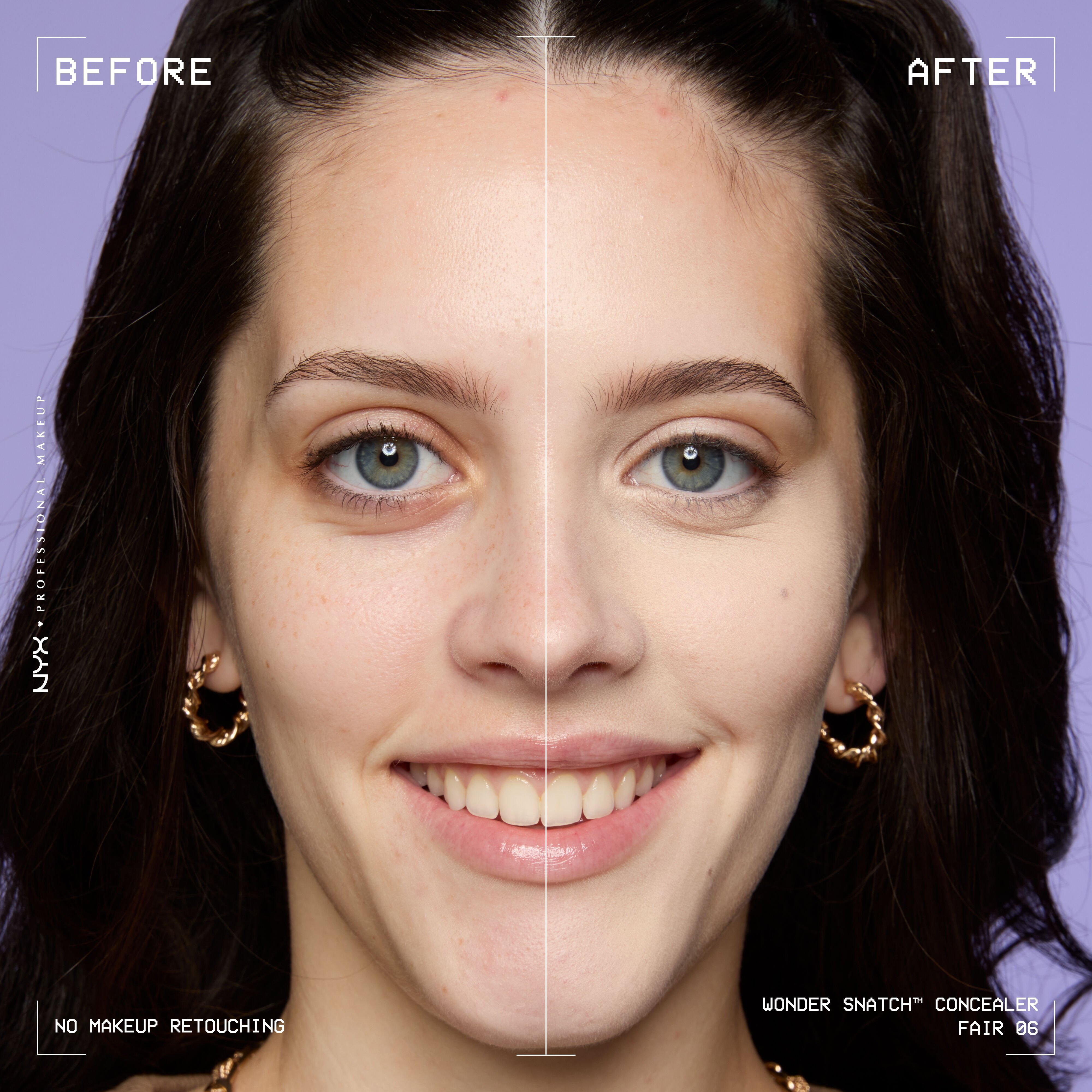 Before-and-after comparison of model wearing Wonder Snatch(TM) Concealer, showing brighter under-eyes and smoother-looking skin.