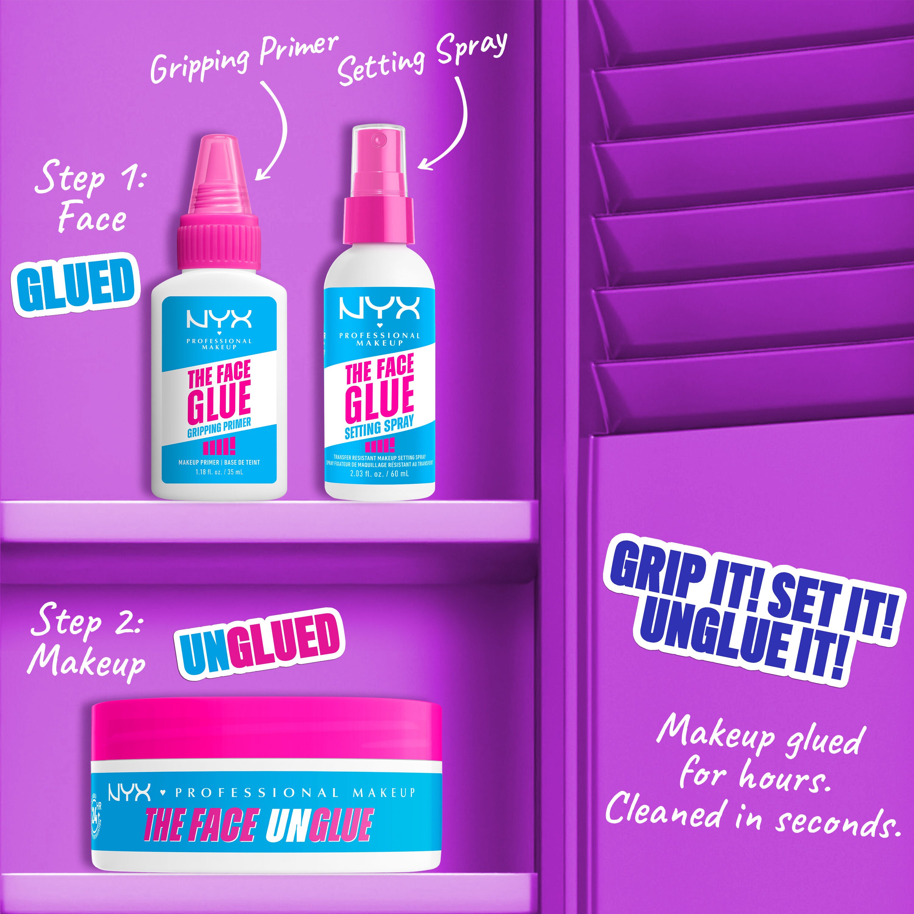 NYX Professional Makeup The Face Glue & Unglue line steps. Step 1: Face Glued with gripping primer and setting spray. Step 2: Makeup unglued.