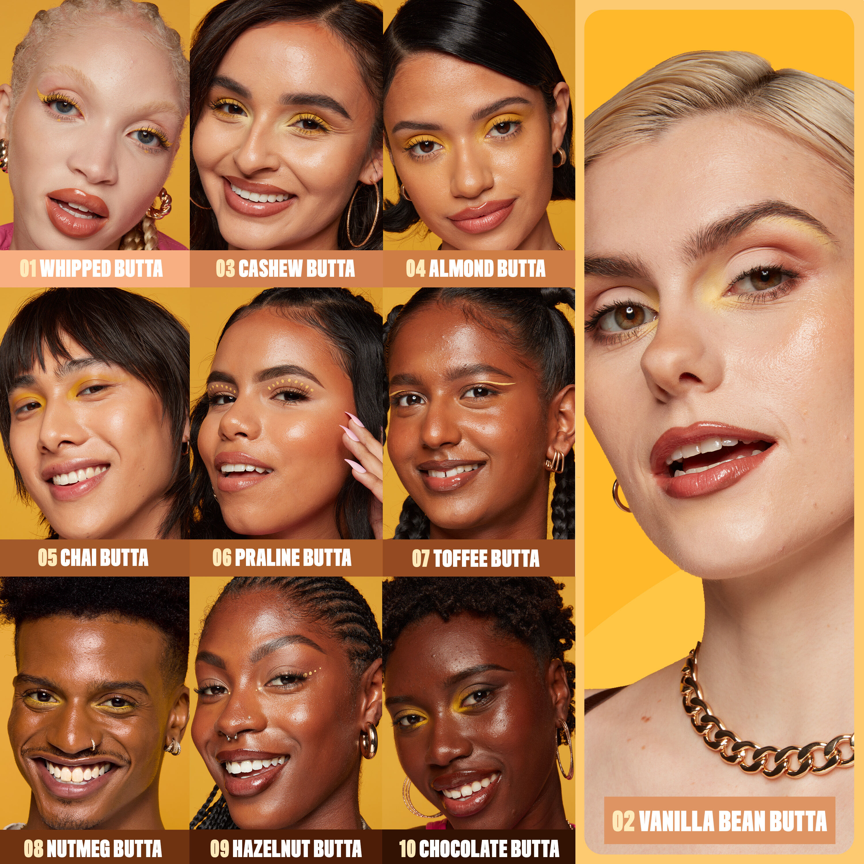 models wearing all ten shades of Buttermelt Glaze Skin Tint with SPF 30