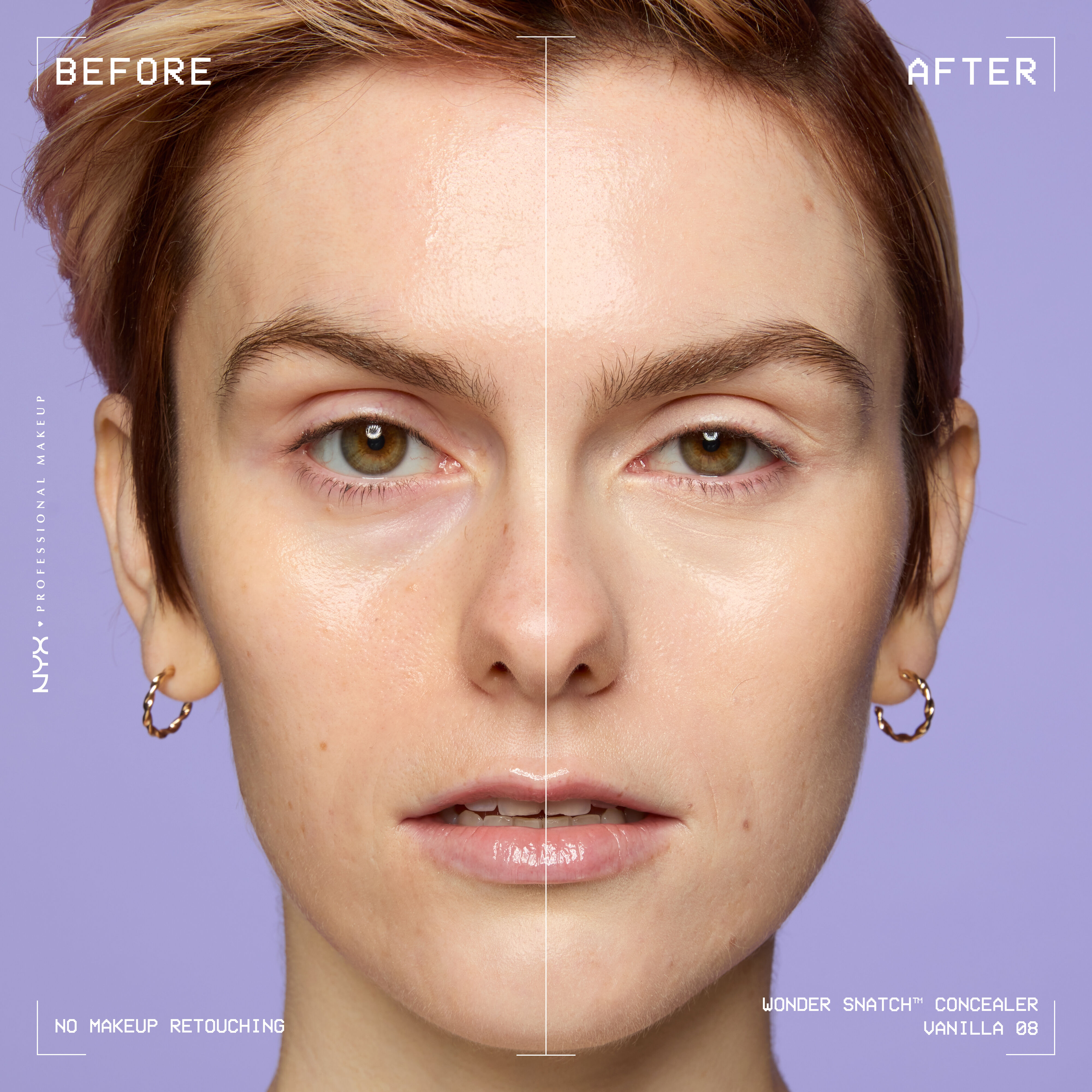 Before-and-after comparison of model wearing Wonder Snatch(TM) Concealer, showing brighter under-eyes and smoother-looking skin.