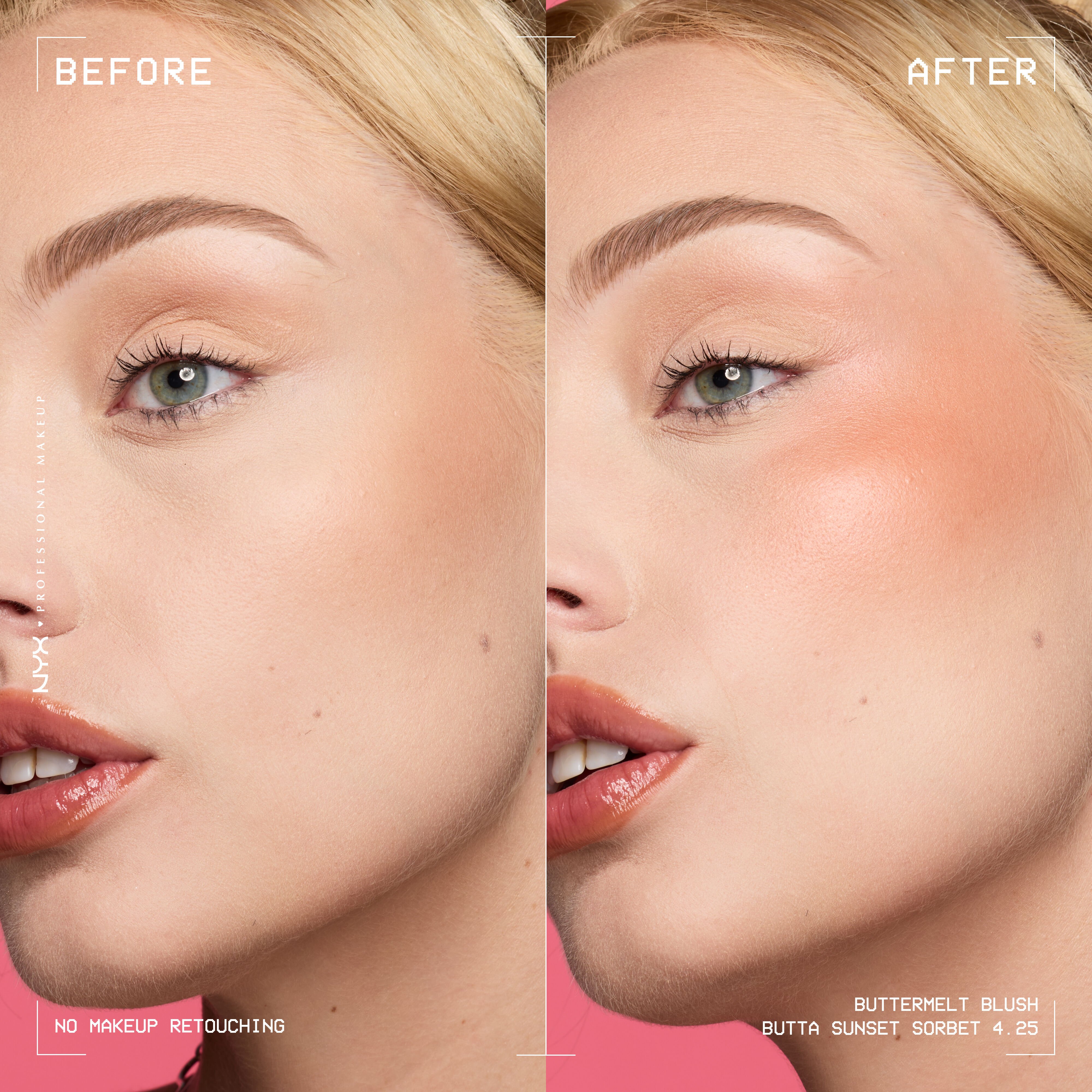 Before-and-after close-up of a fair-skinned blonde model: bare cheek on the left, the right side warmed with NYX Professional Makeup Buttermelt Blush in 4.25 Butta Sunset Sorbet, a glowy peach powder blush with a shimmer finish.