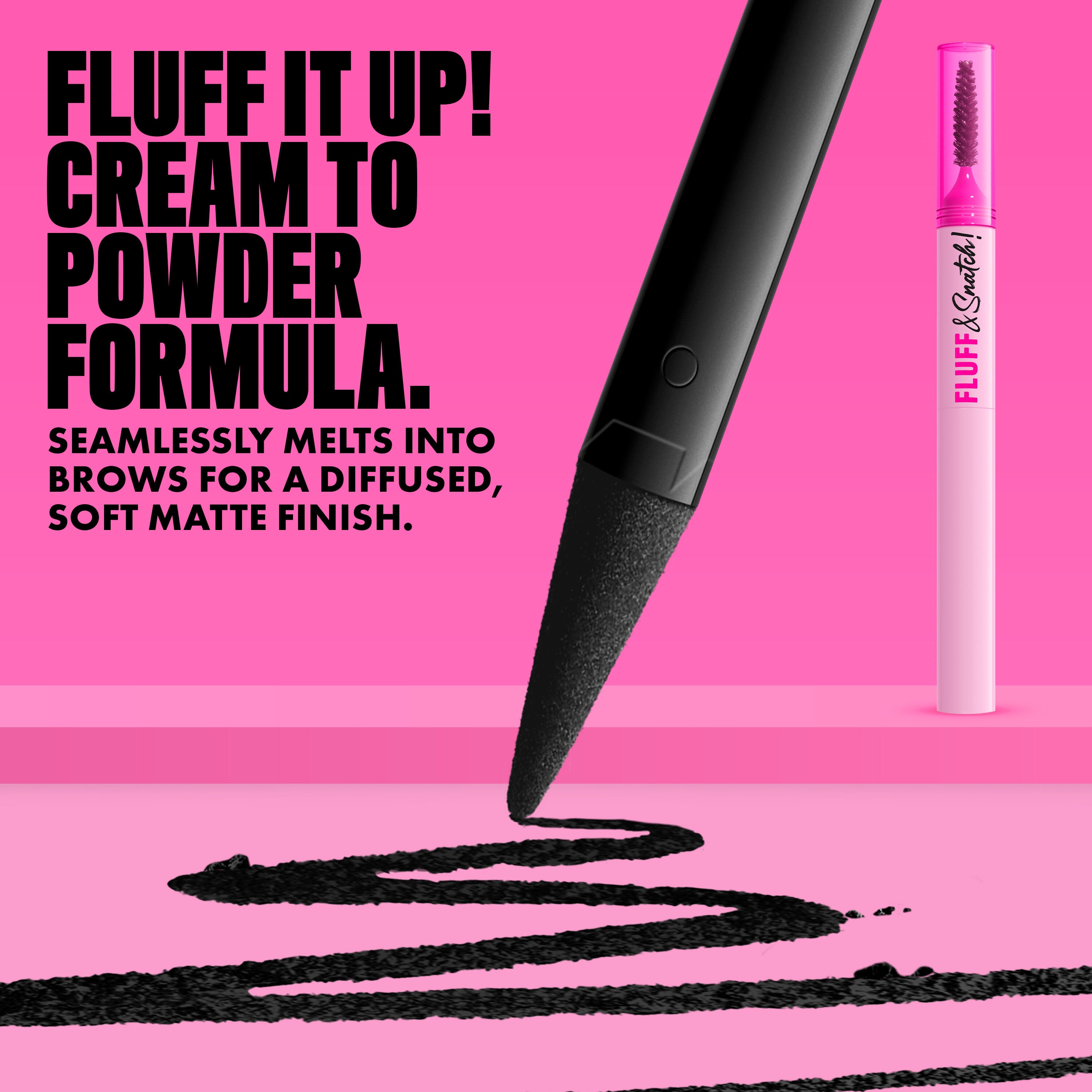 NYX Fluff and Snatch Brow Powder Pen with product swatch and benefits text on a pink background in shade 08 Black