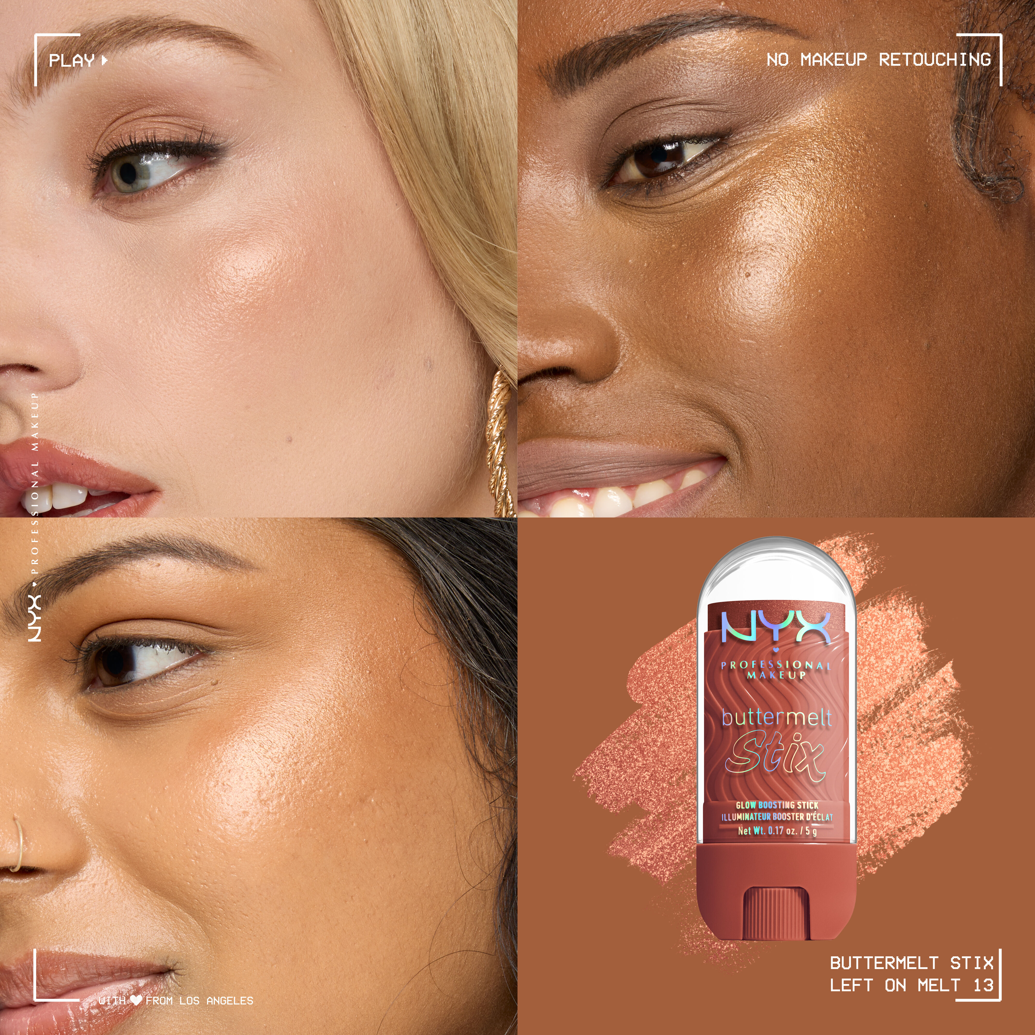 Three models with light, medium, and deep skin tones wearing NYX Buttermelt Stix Left on Melt 13, “No Makeup Retouching” text