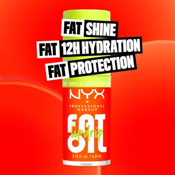NYX Professional Makeup Fat Oil Lip Drip with citrus scent shown in bright orange packaging, highlighting fat shine, 12H hydration, and protection benefits.